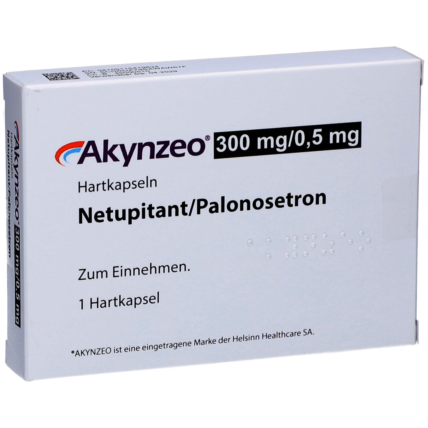 Weiße Schachtel mit Akynzeo-Logo und Aufschrift 300 mg/0,5 mg. Enthält Hartkapseln, Netupitant/Palonosetron. Zum Einnehmen. 1 Hartkapsel.
