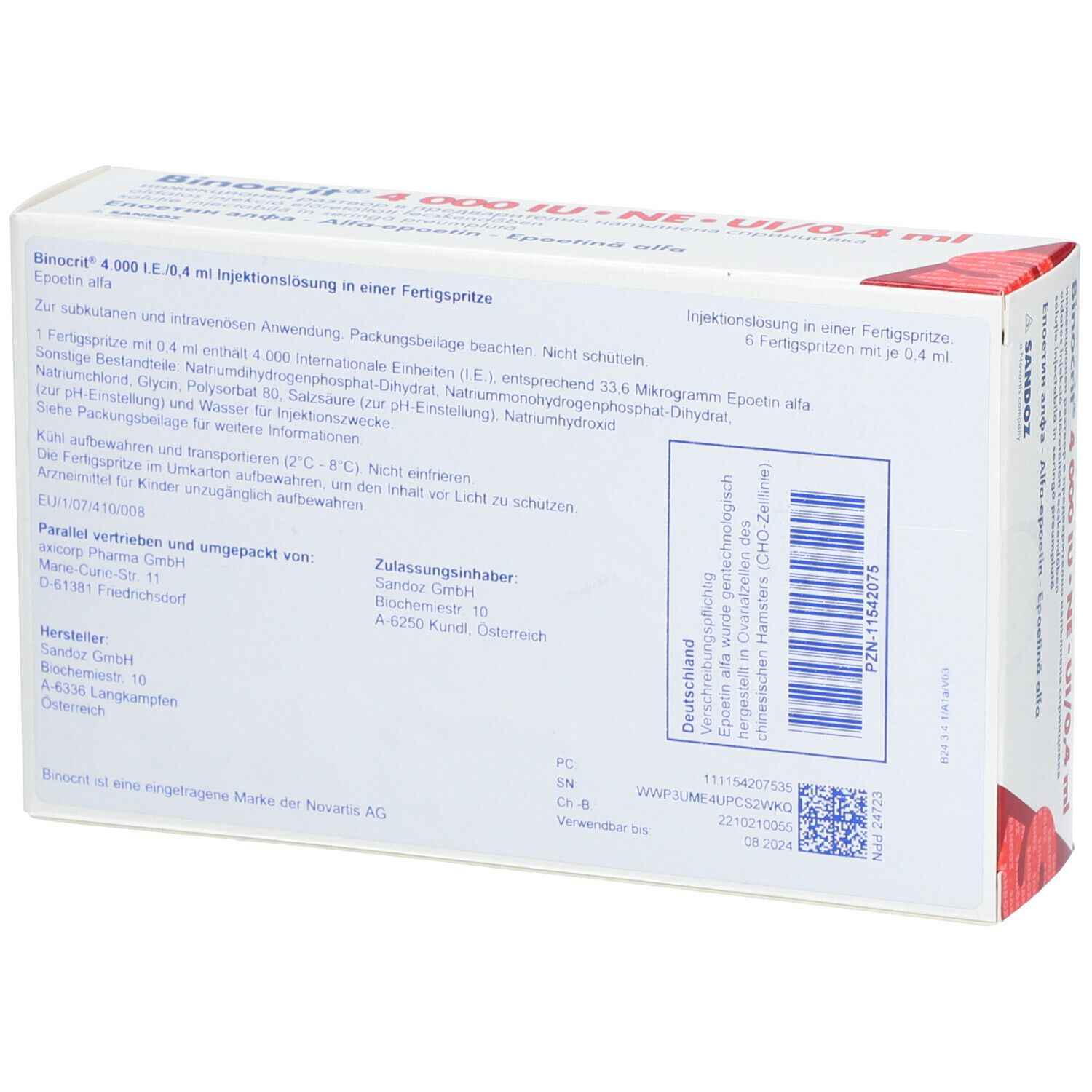 Rückseite der Binocrit 4.000 IE/0,4 ml Packung. Enthält Textinformationen und Barcode. Sandoz Logo.