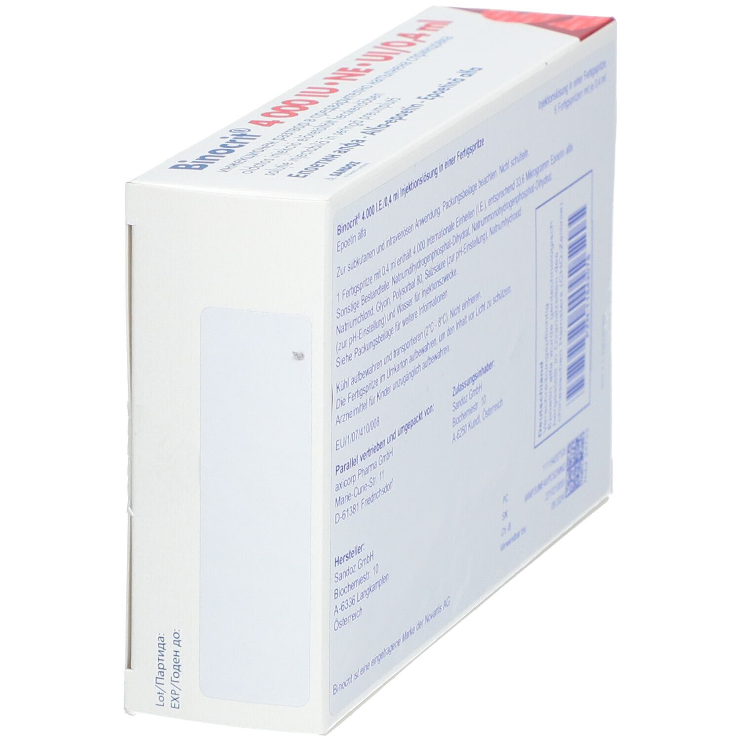 Seite der Binocrit 4.000 IE/0,4 ml Packung. Enthält Textinformationen. Sandoz Logo.