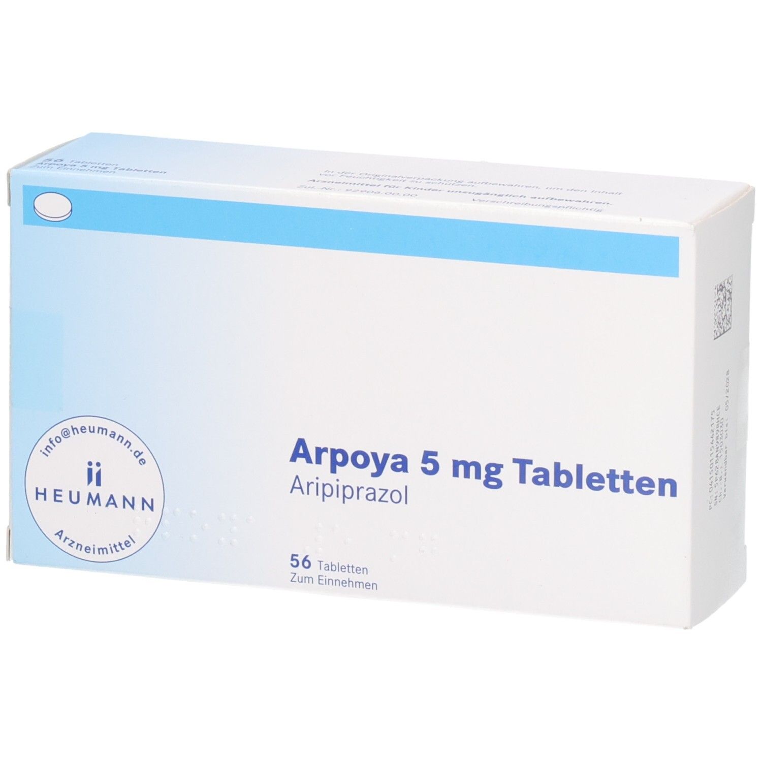 Arpoya 5 mg Tabletten-Packung. Enthält 56 Tabletten. Aufschrift: Aripiprazol. Heumann-Logo.