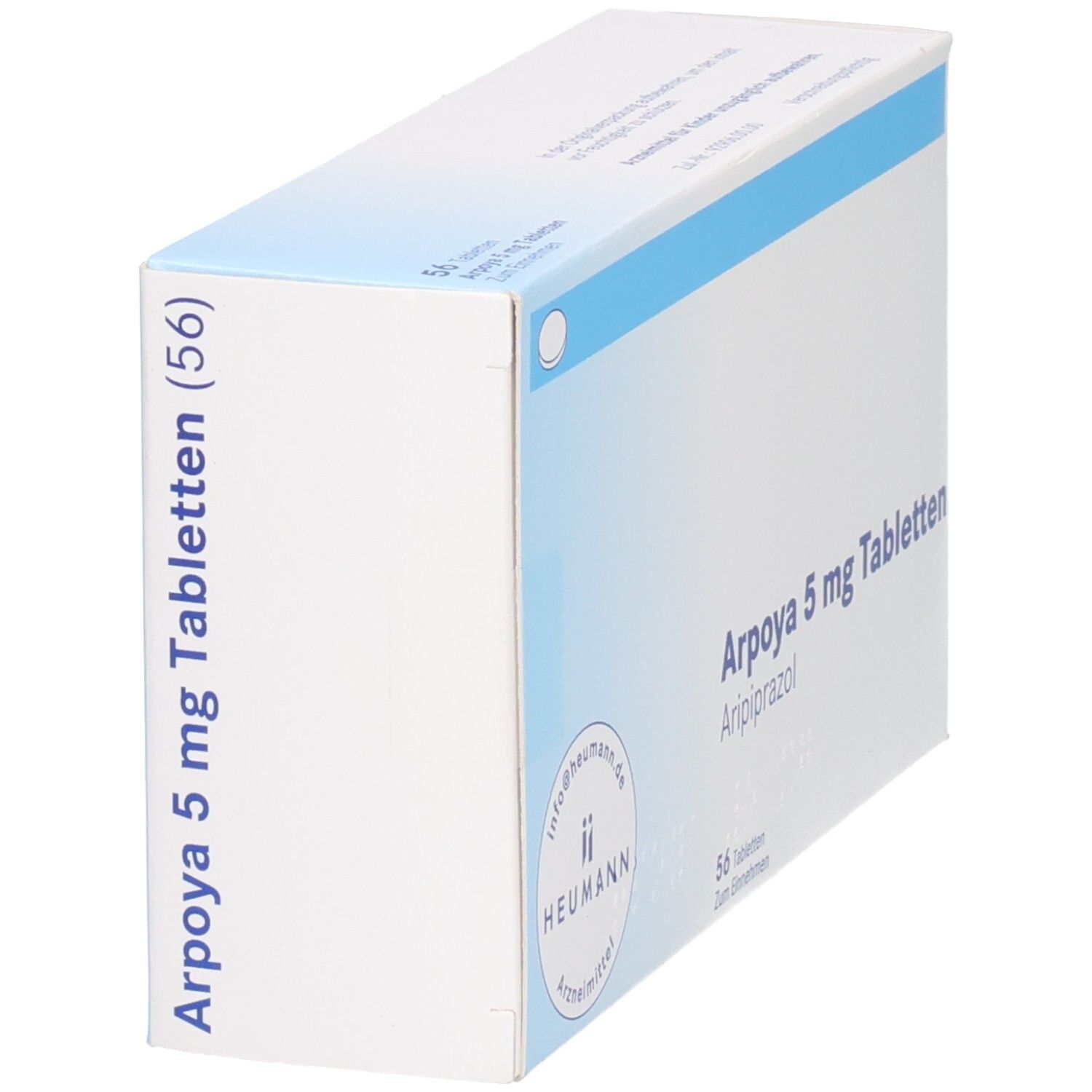 Schräg gestellte Packung Arpoya 5 mg Tabletten. Aufschrift: Aripiprazol. Enthält 56 Tabletten. Heumann-Logo.