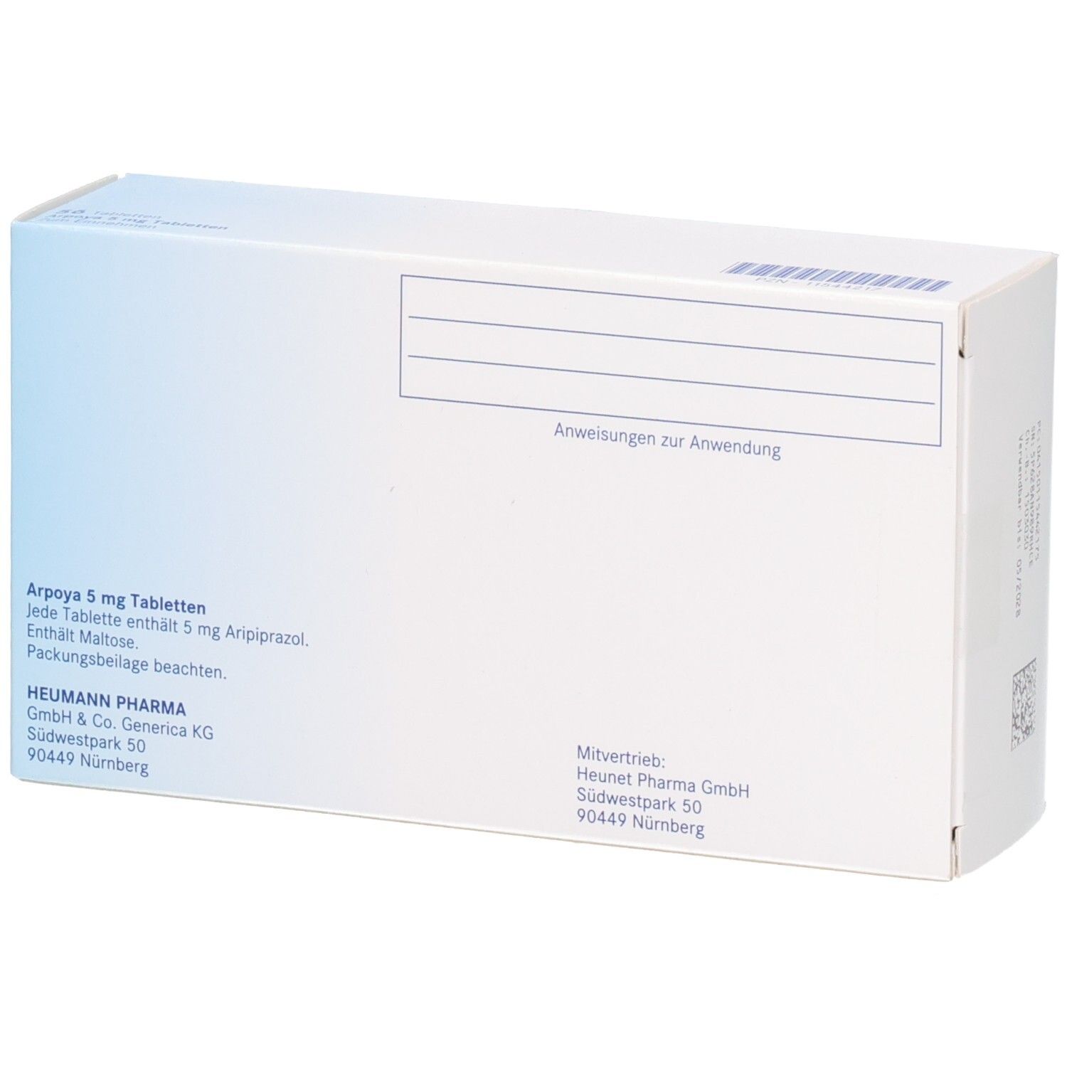 Rückseite der Arpoya 5 mg Tabletten-Packung. Enthält Informationen und Anschrift des Herstellers.