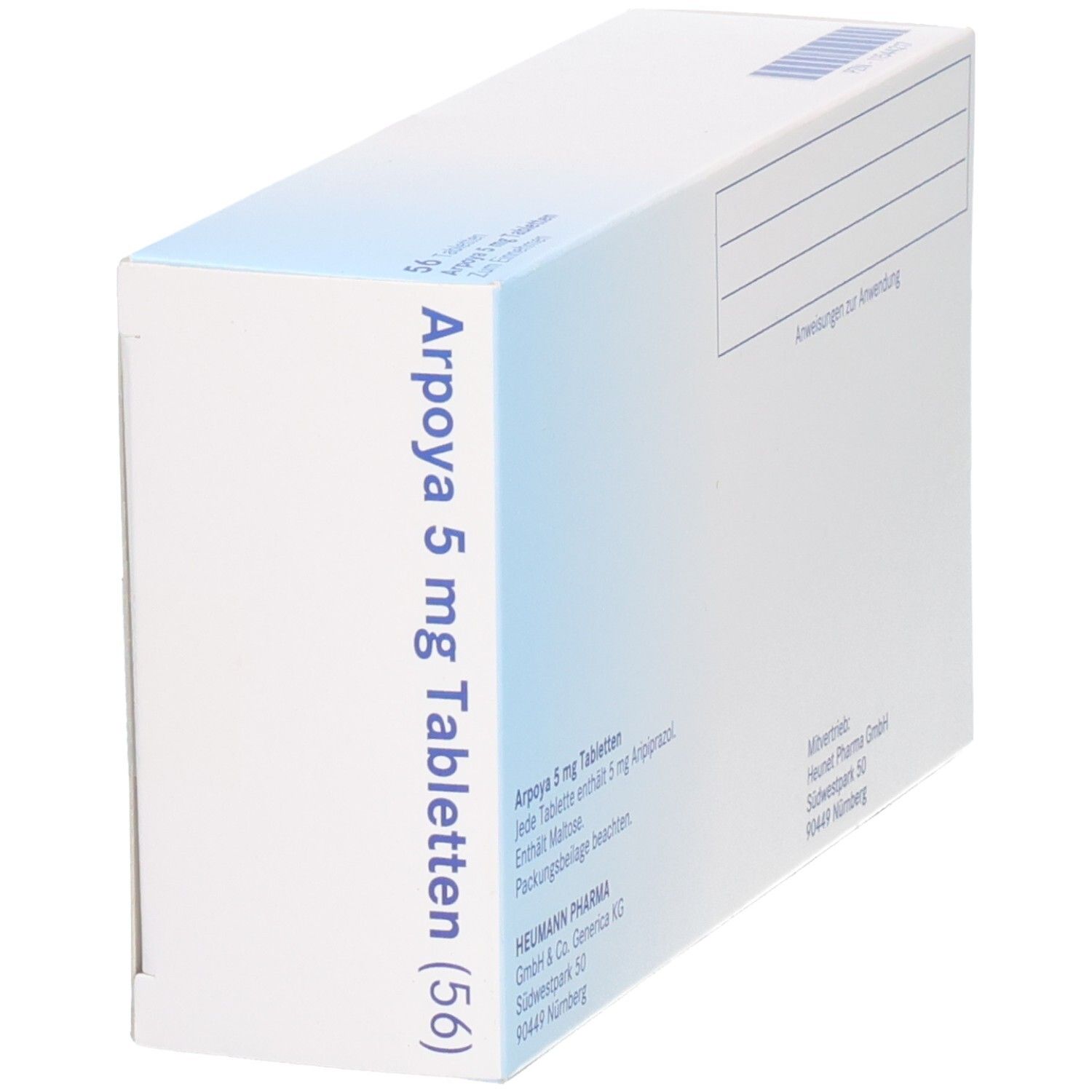 Schräg gestellte Packung Arpoya 5 mg Tabletten. Aufschrift: Aripiprazol. Enthält 56 Tabletten. Heumann-Logo.