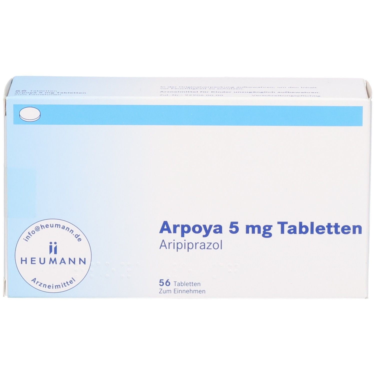 Arpoya 5 mg Tabletten-Packung. Enthält 56 Tabletten. Aufschrift: Aripiprazol. Heumann-Logo.