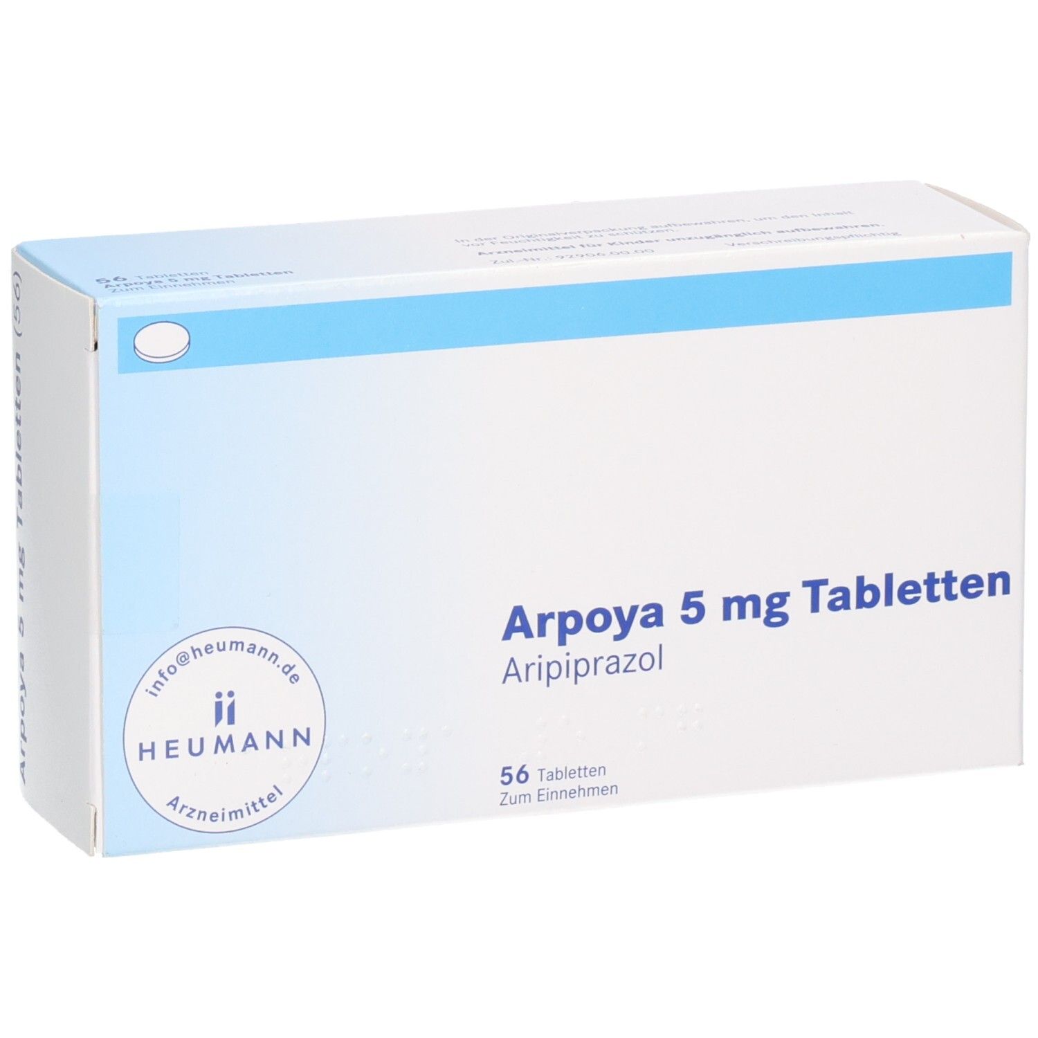 Arpoya 5 mg Tabletten-Packung. Enthält 56 Tabletten. Aufschrift: Aripiprazol. Heumann-Logo.