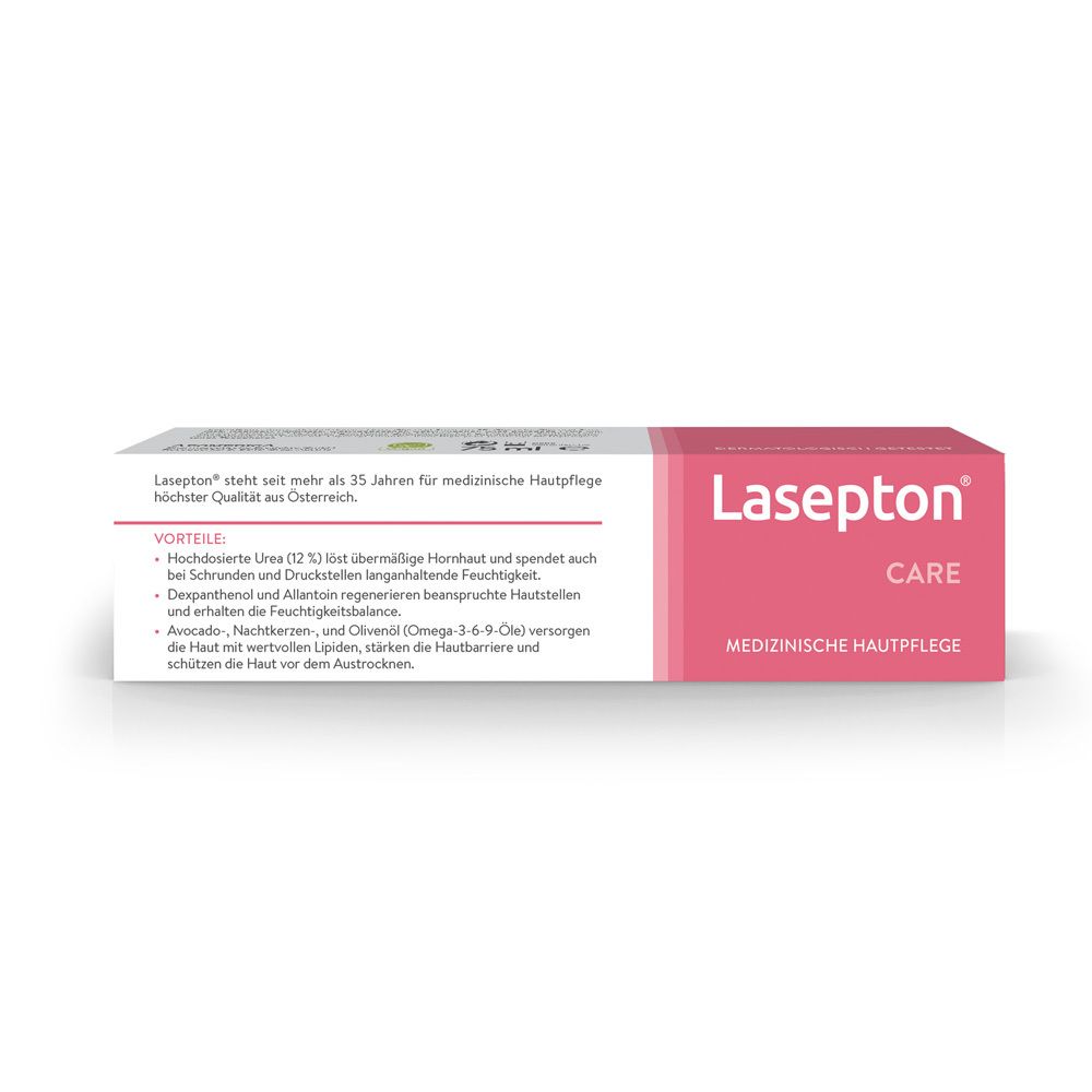 Lasepton CARE Fuss Creme Schachtel. Text und Vorteile. Rosa-weißes Design. Logo.