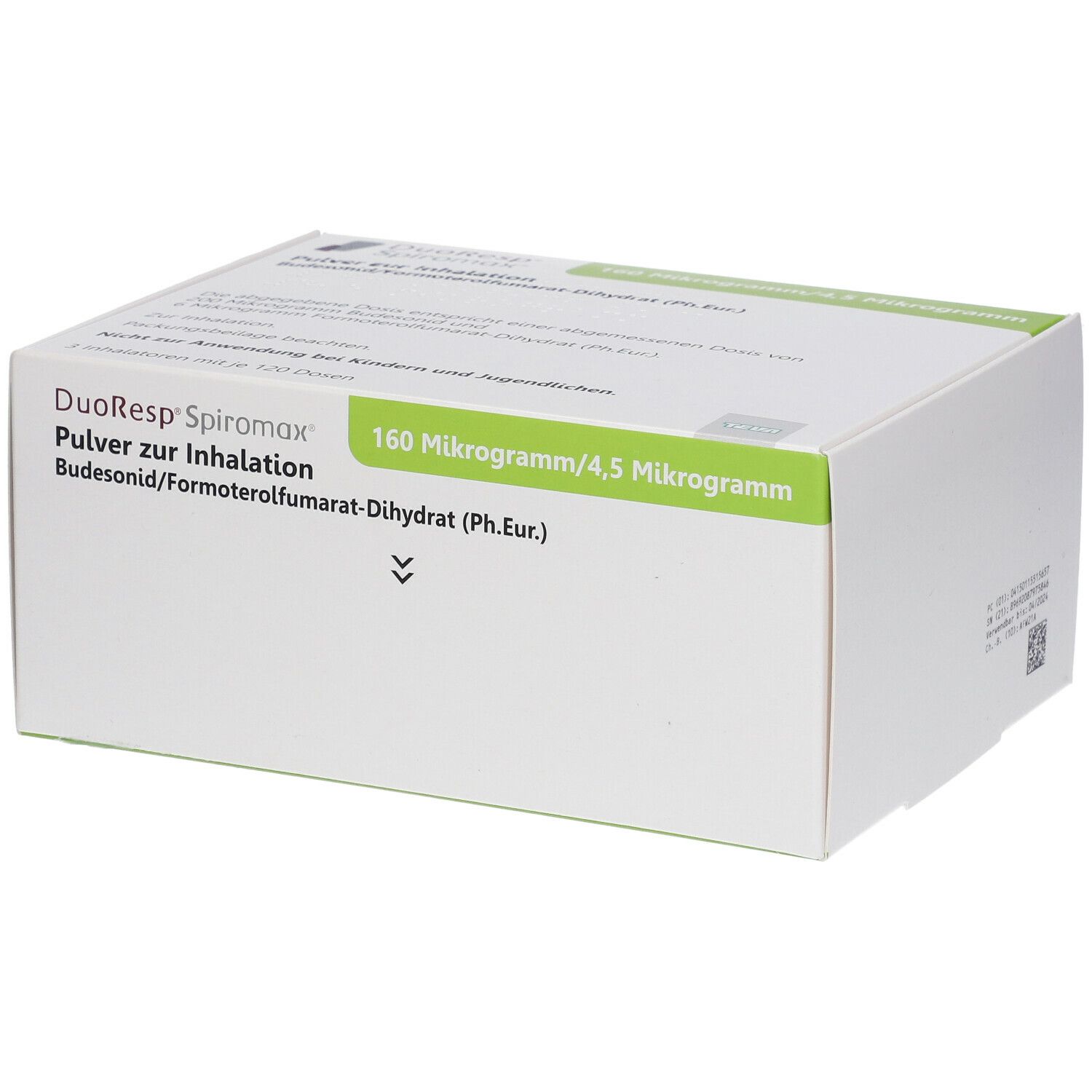 Weiße rechteckige Verpackung. Aufschrift: DuoResp Spiromax, 160 Mikrogramm/4,5 Mikrogramm, Pulver zur Inhalation.