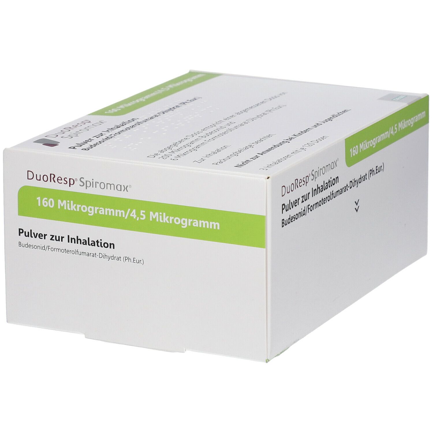 Weiße rechteckige Verpackung. Aufschrift: DuoResp Spiromax, 160 Mikrogramm/4,5 Mikrogramm, Pulver zur Inhalation.
