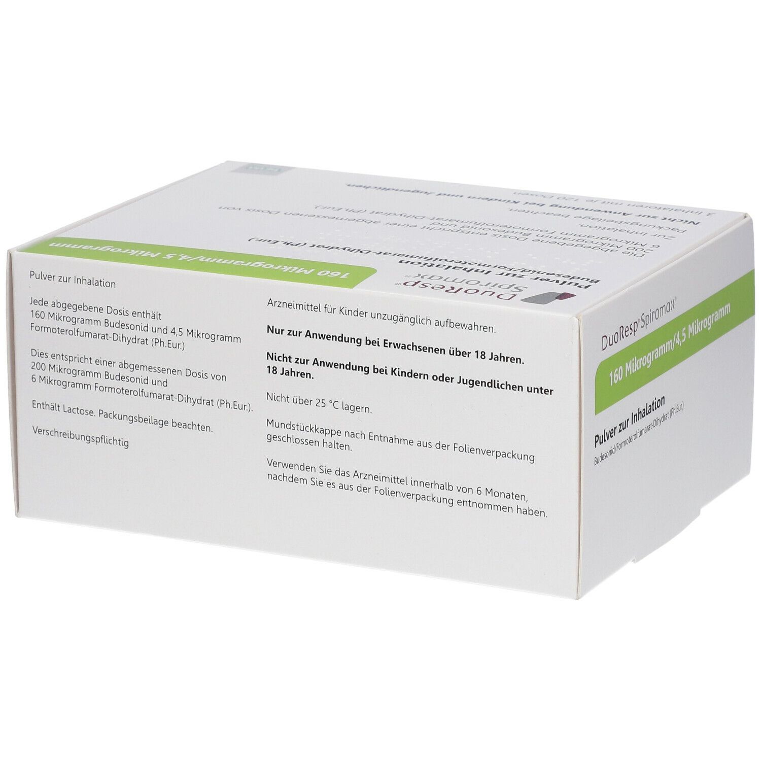 Weiße rechteckige Verpackung. Aufschrift: DuoResp Spiromax, 160 Mikrogramm/4,5 Mikrogramm, Pulver zur Inhalation. Text auf Deutsch.