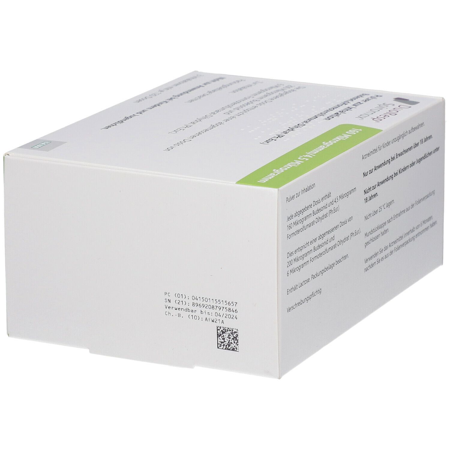 Weiße rechteckige Verpackung. Aufschrift: DuoResp Spiromax, 160 Mikrogramm/4,5 Mikrogramm. Text und Barcode.