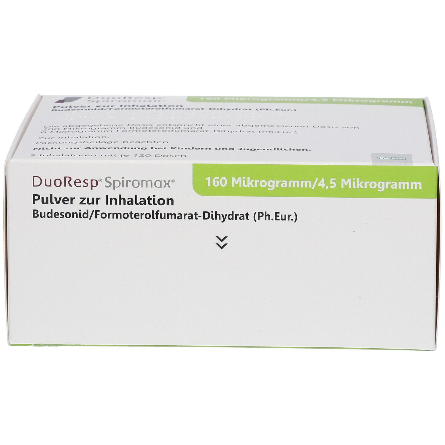 Weiße rechteckige Verpackung. Aufschrift: DuoResp Spiromax, 160 Mikrogramm/4,5 Mikrogramm, Pulver zur Inhalation.