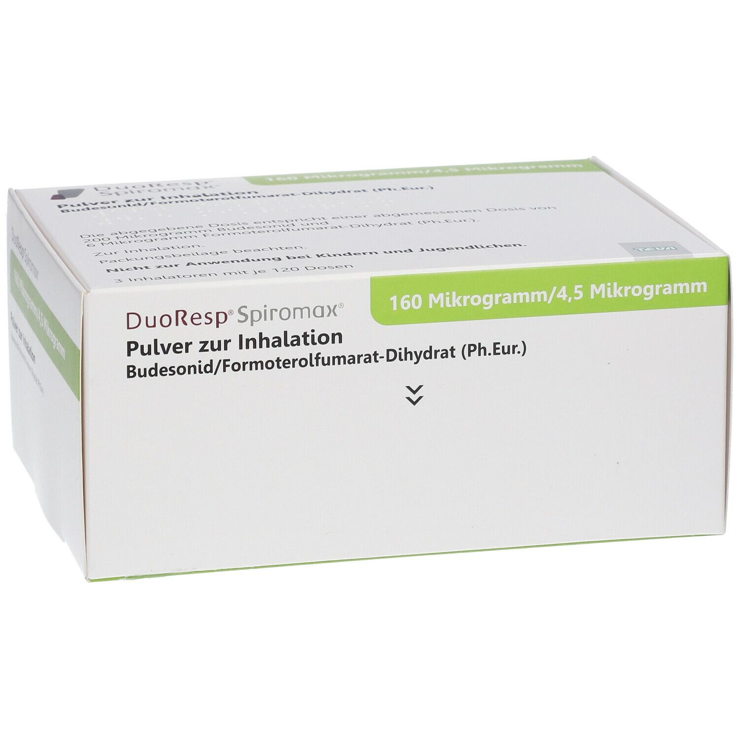Weiße rechteckige Verpackung. Aufschrift: DuoResp Spiromax, 160 Mikrogramm/4,5 Mikrogramm, Pulver zur Inhalation.
