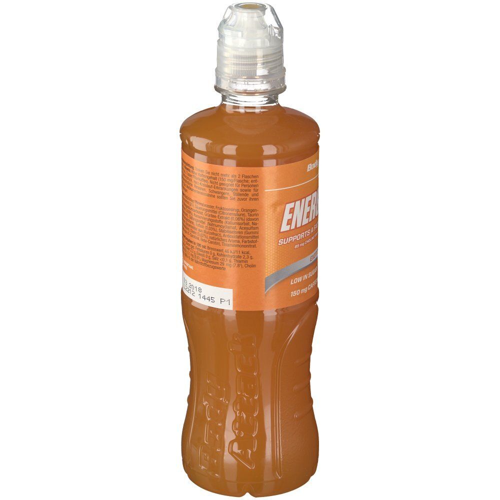 Flasche Body Attack Energy Kick Exotic. Etikett mit Produktinformationen und Text.
