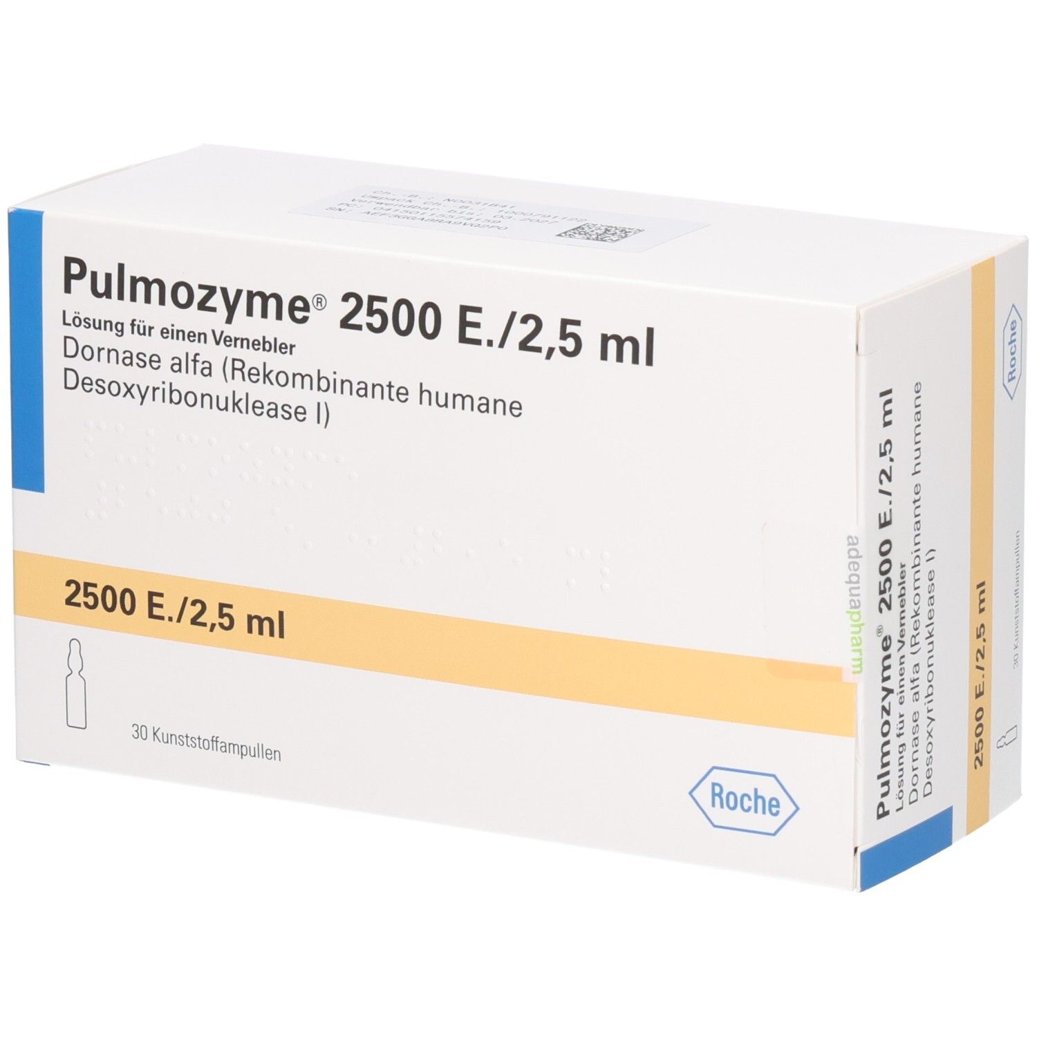 Weiße Verpackung mit blauen und gelben Akzenten. Beschriftung: Pulmozyme 2500 E./2,5 ml. 30 Kunststoffampullen. Roche-Logo.