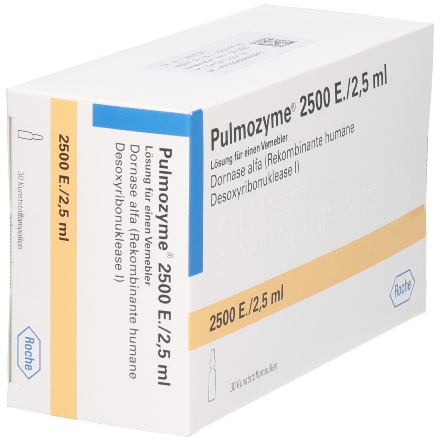 Weiße Verpackung mit blauen und gelben Akzenten. Beschriftung: Pulmozyme 2500 E./2,5 ml. 30 Kunststoffampullen. Roche-Logo.