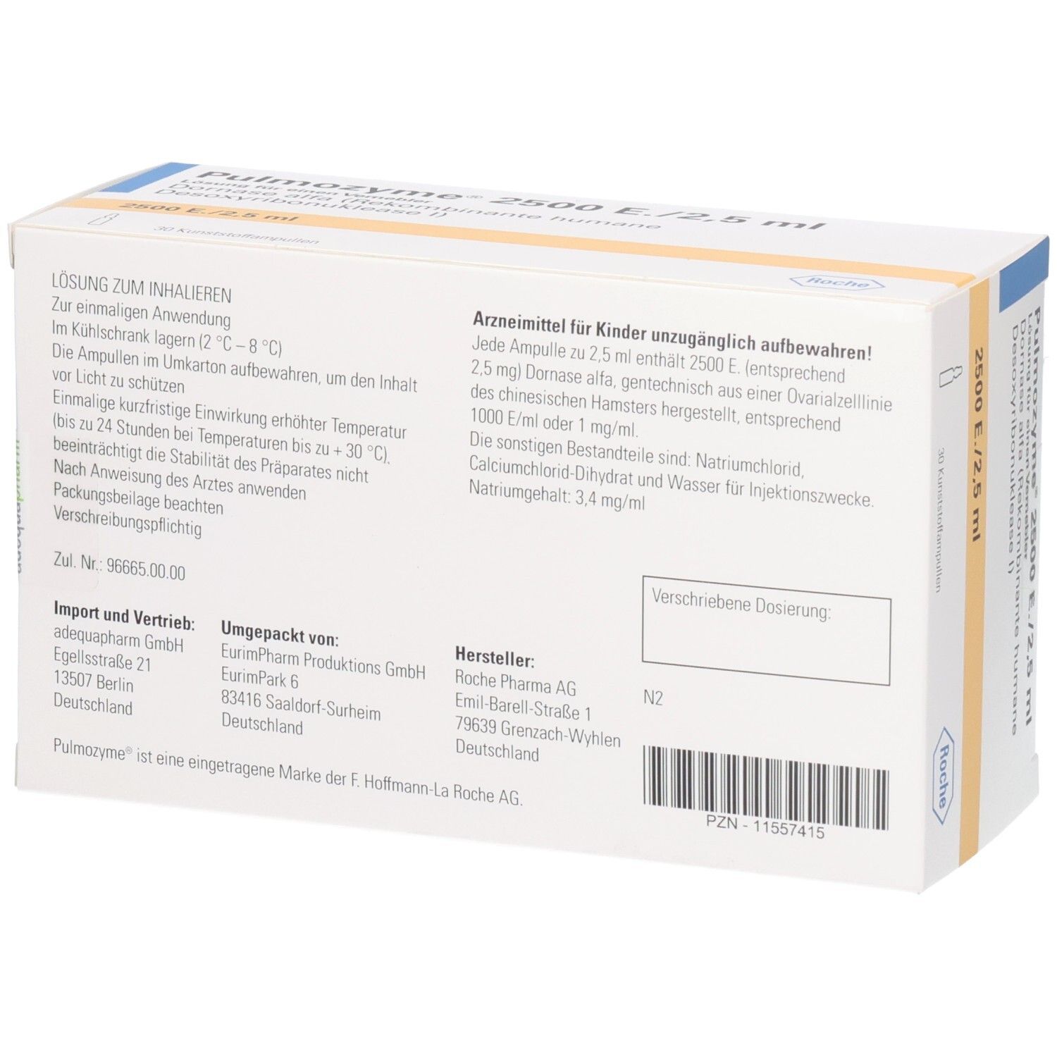 Rückseite der Verpackung. Text: Anwendungshinweise, Inhaltsstoffe, Herstellerinformationen. Roche-Logo. PZN-11567415.