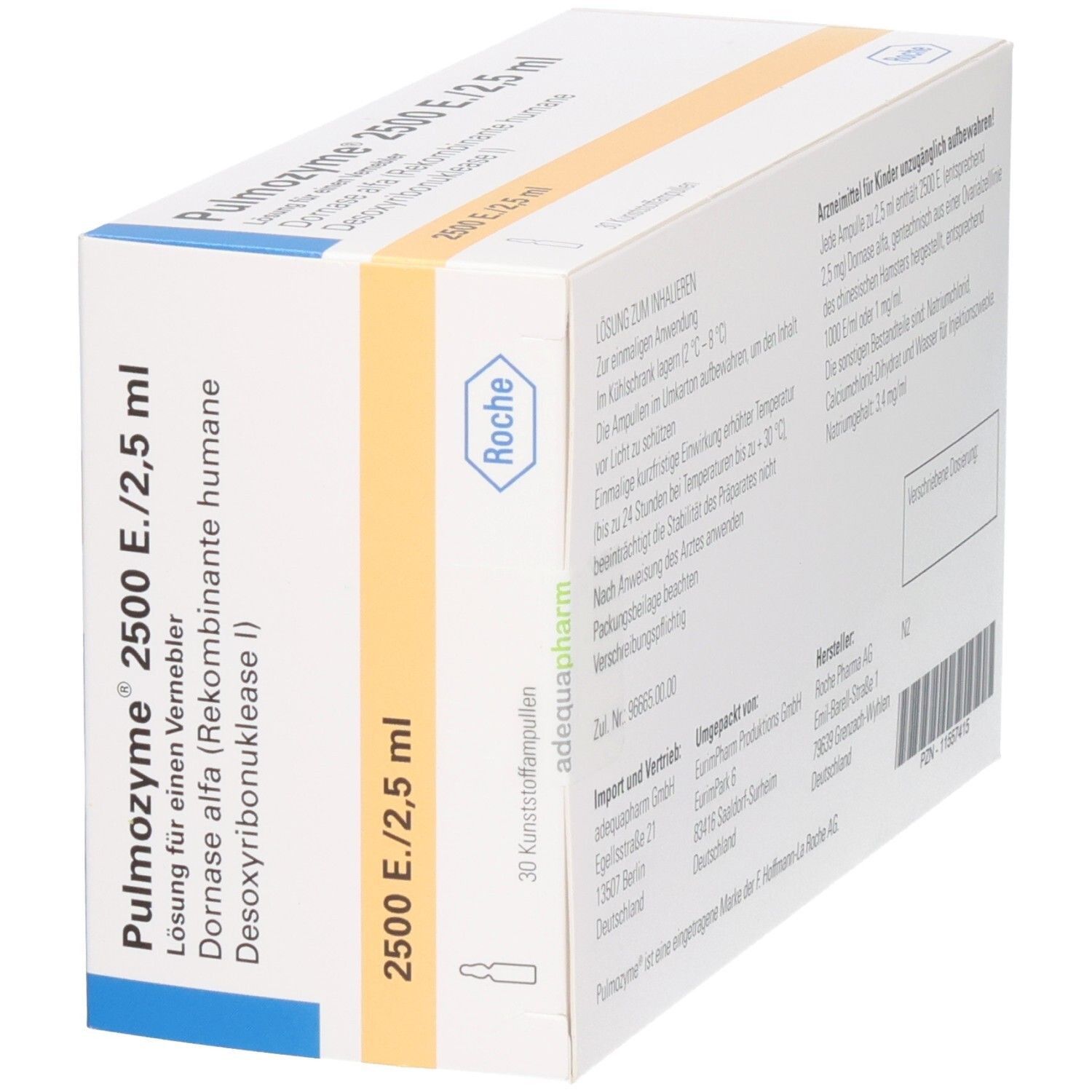 Weiße Verpackung mit blauen und gelben Akzenten. Beschriftung: Pulmozyme 2500 E./2,5 ml. 30 Kunststoffampullen. Roche-Logo.