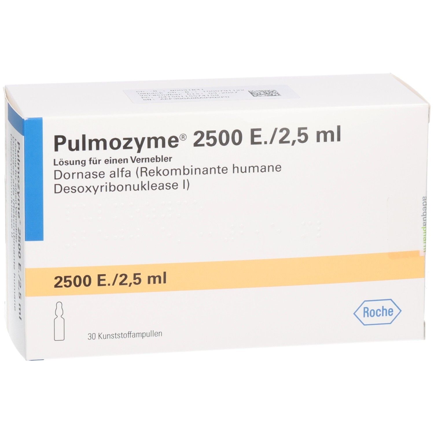 Weiße Verpackung mit blauen und gelben Akzenten. Beschriftung: Pulmozyme 2500 E./2,5 ml. 30 Kunststoffampullen. Roche-Logo.