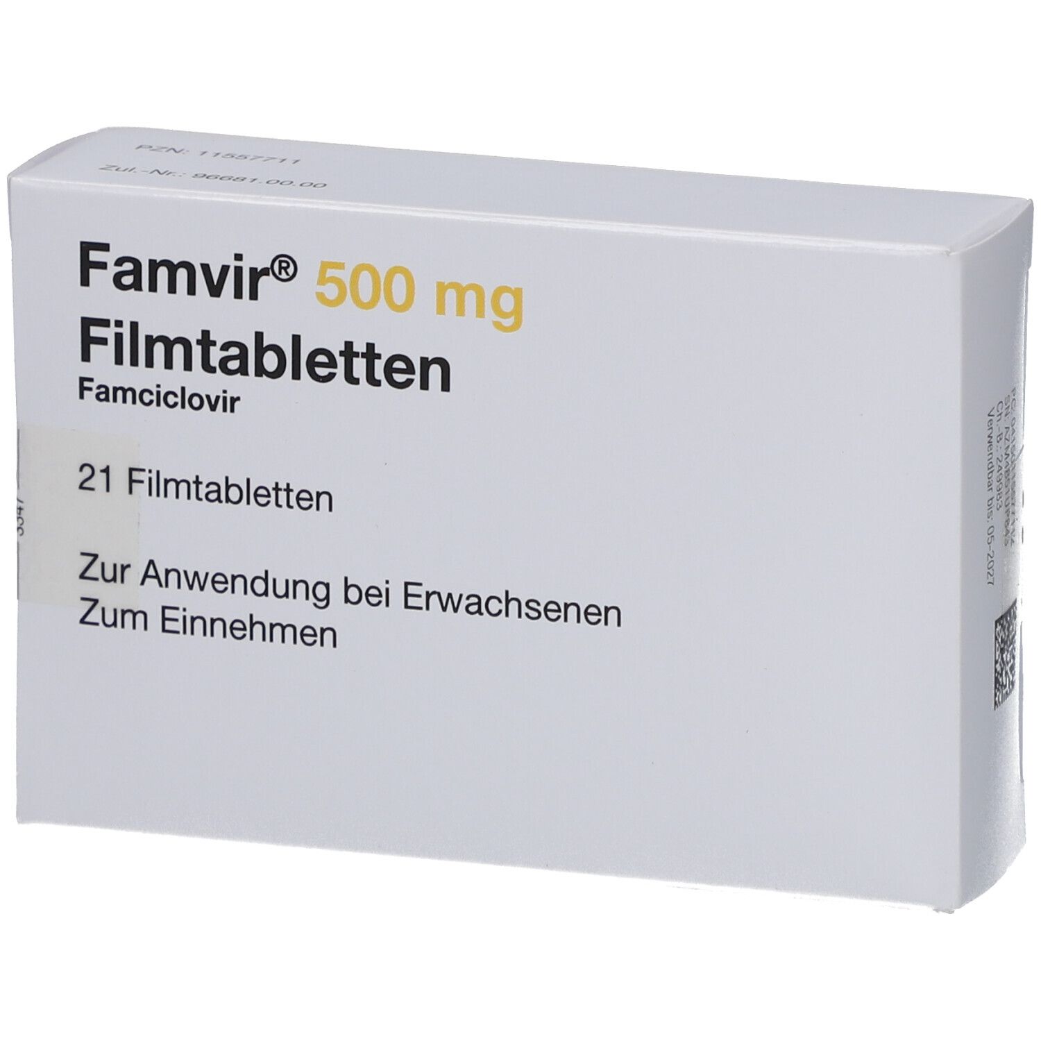 Schachtel mit FAMVIR 500 mg Filmtabletten. Aufschrift: 21 Filmtabletten. Zur Anwendung bei Erwachsenen. Zum Einnehmen.