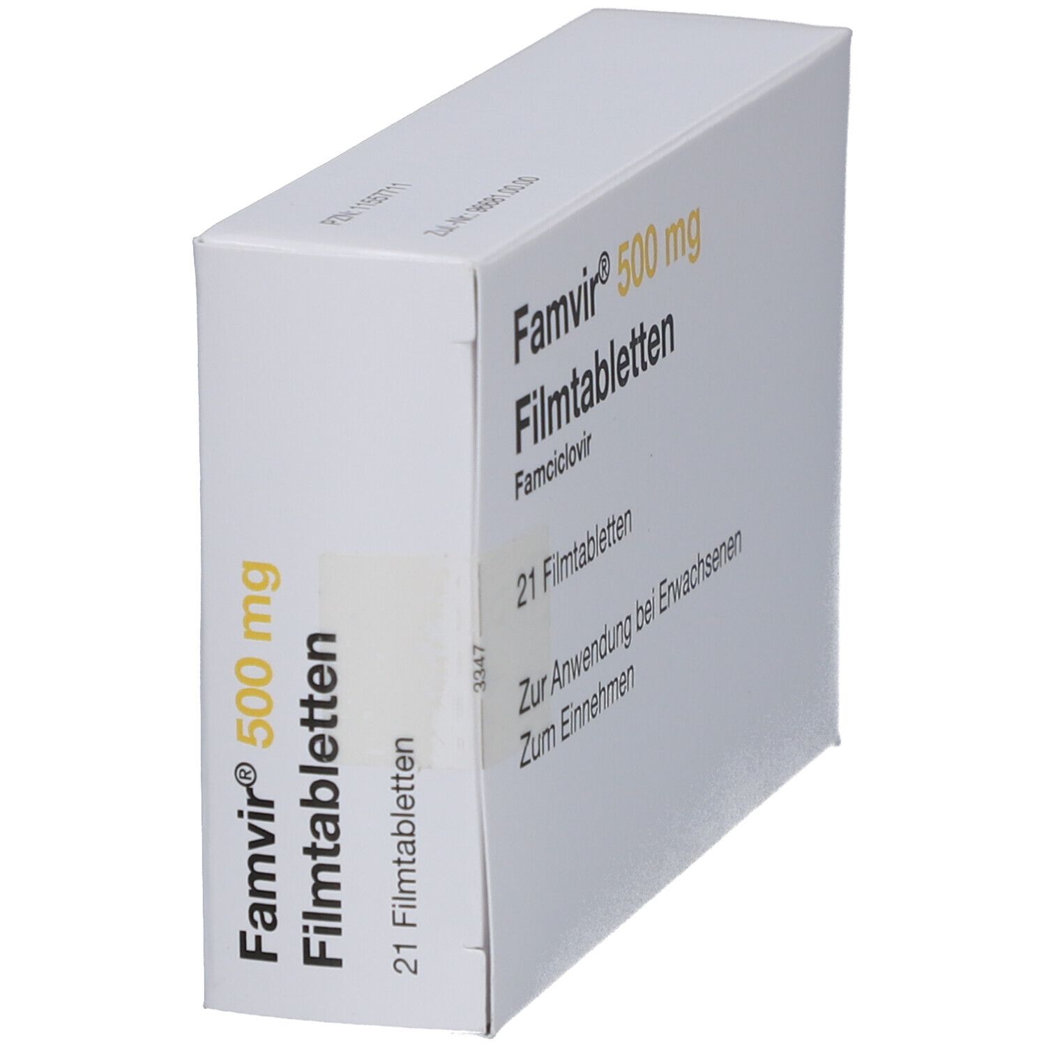 Schachtel mit FAMVIR 500 mg Filmtabletten. Aufschrift: 21 Filmtabletten. Zur Anwendung bei Erwachsenen. Zum Einnehmen.