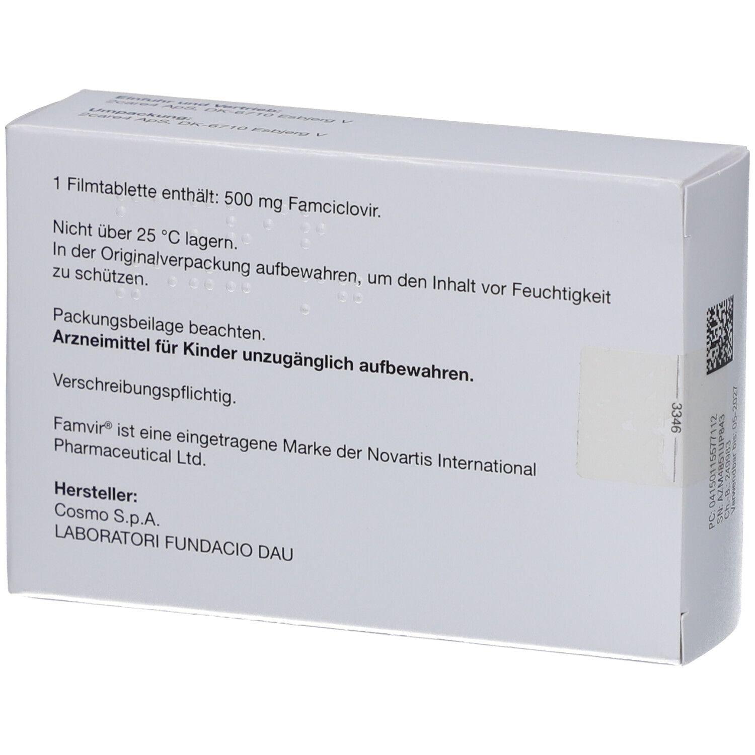 Rückseite der Schachtel mit FAMVIR 500 mg Filmtabletten. Text: 1 Filmtablette enthält 500 mg Famciclovir. Arzneimittel für Kinder unzugänglich aufbewahren.