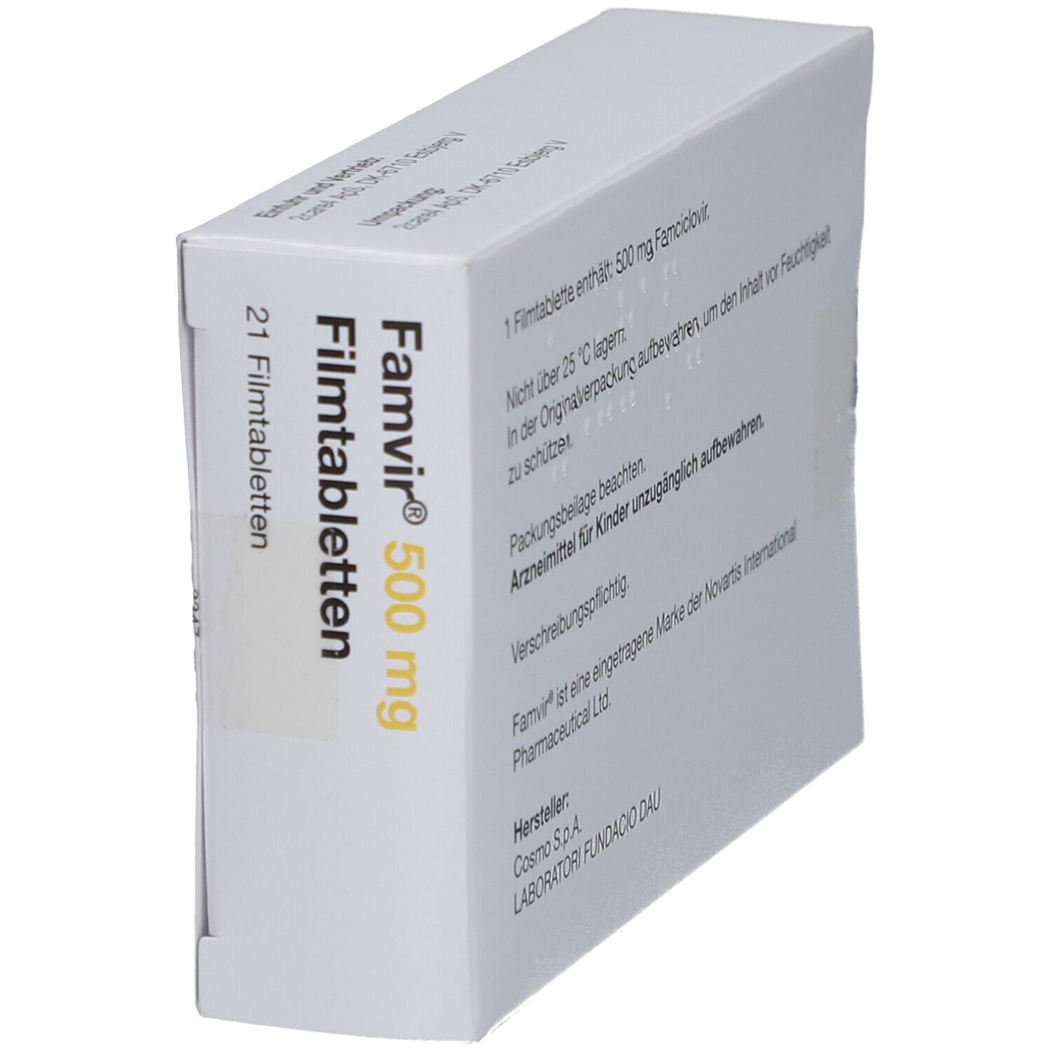 Schachtel mit FAMVIR 500 mg Filmtabletten. Aufschrift: 21 Filmtabletten. Zur Anwendung bei Erwachsenen. Zum Einnehmen. Rückseite mit Text.