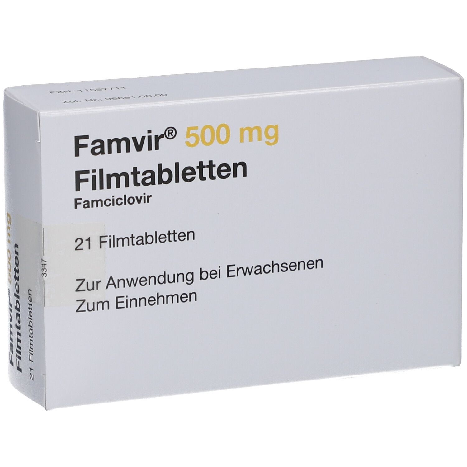 Schachtel mit FAMVIR 500 mg Filmtabletten. Aufschrift: 21 Filmtabletten. Zur Anwendung bei Erwachsenen. Zum Einnehmen.