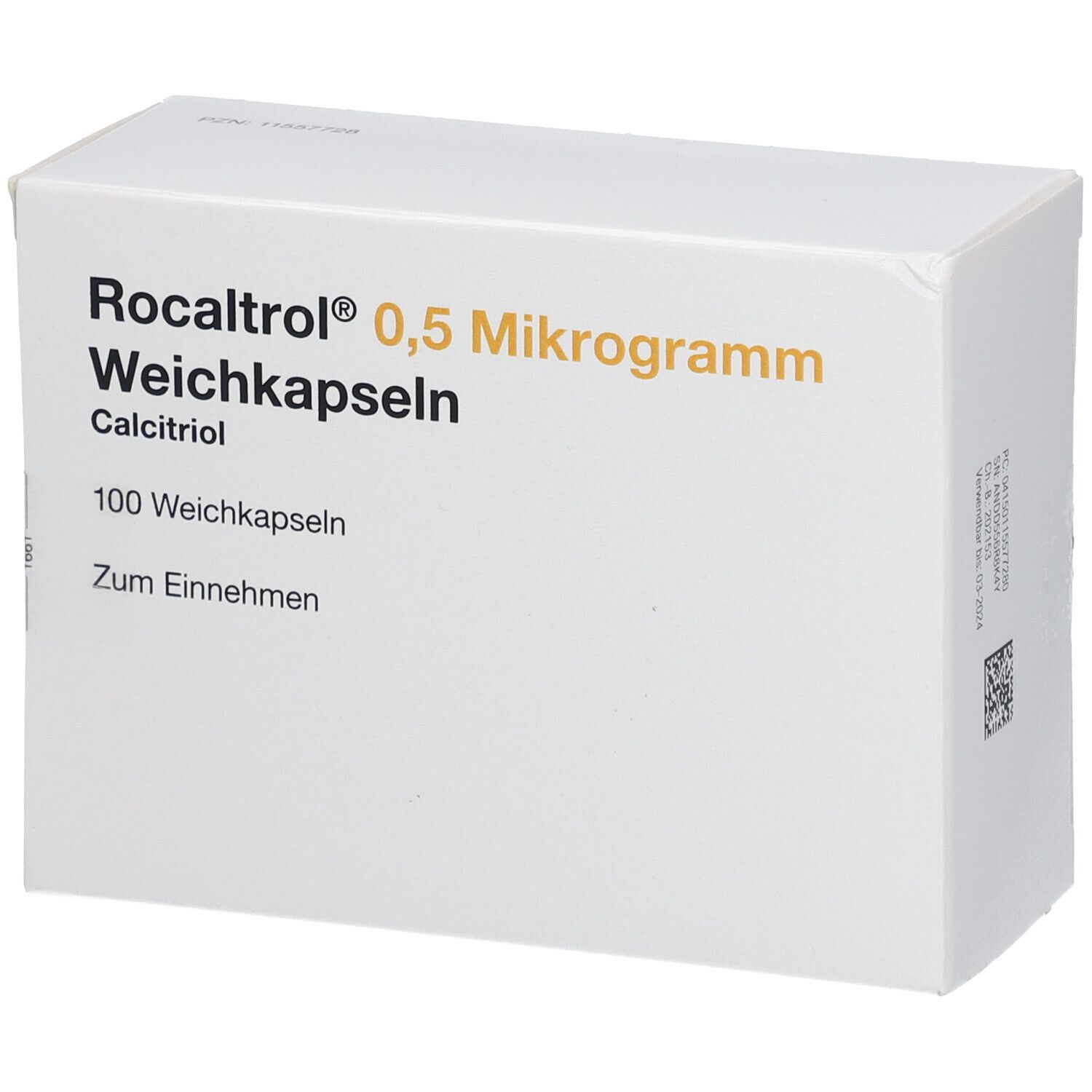 Weiße Schachtel mit ROCALTROL 0,5 Mikrogramm Weichkapseln. Enthält 100 Kapseln. Aufschrift: Zum Einnehmen.