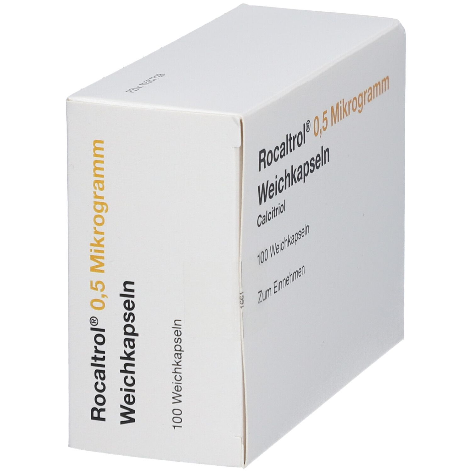 Weiße Schachtel mit ROCALTROL 0,5 Mikrogramm Weichkapseln. Enthält 100 Kapseln. Aufschrift: Zum Einnehmen. Ansicht schräg.
