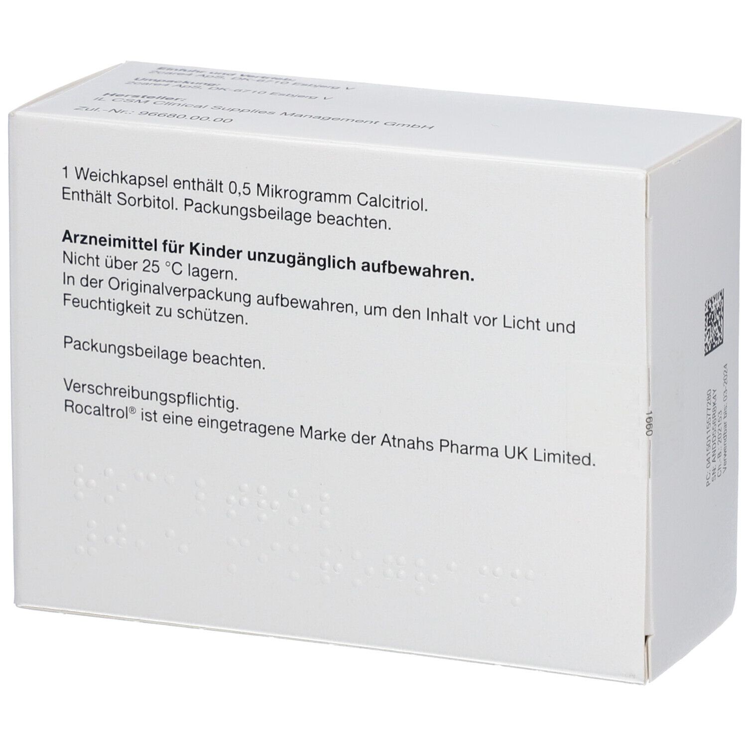 Rückseite der weißen Schachtel mit ROCALTROL 0,5 Mikrogramm Weichkapseln. Text: Arzneimittel für Kinder unzugänglich aufbewahren.