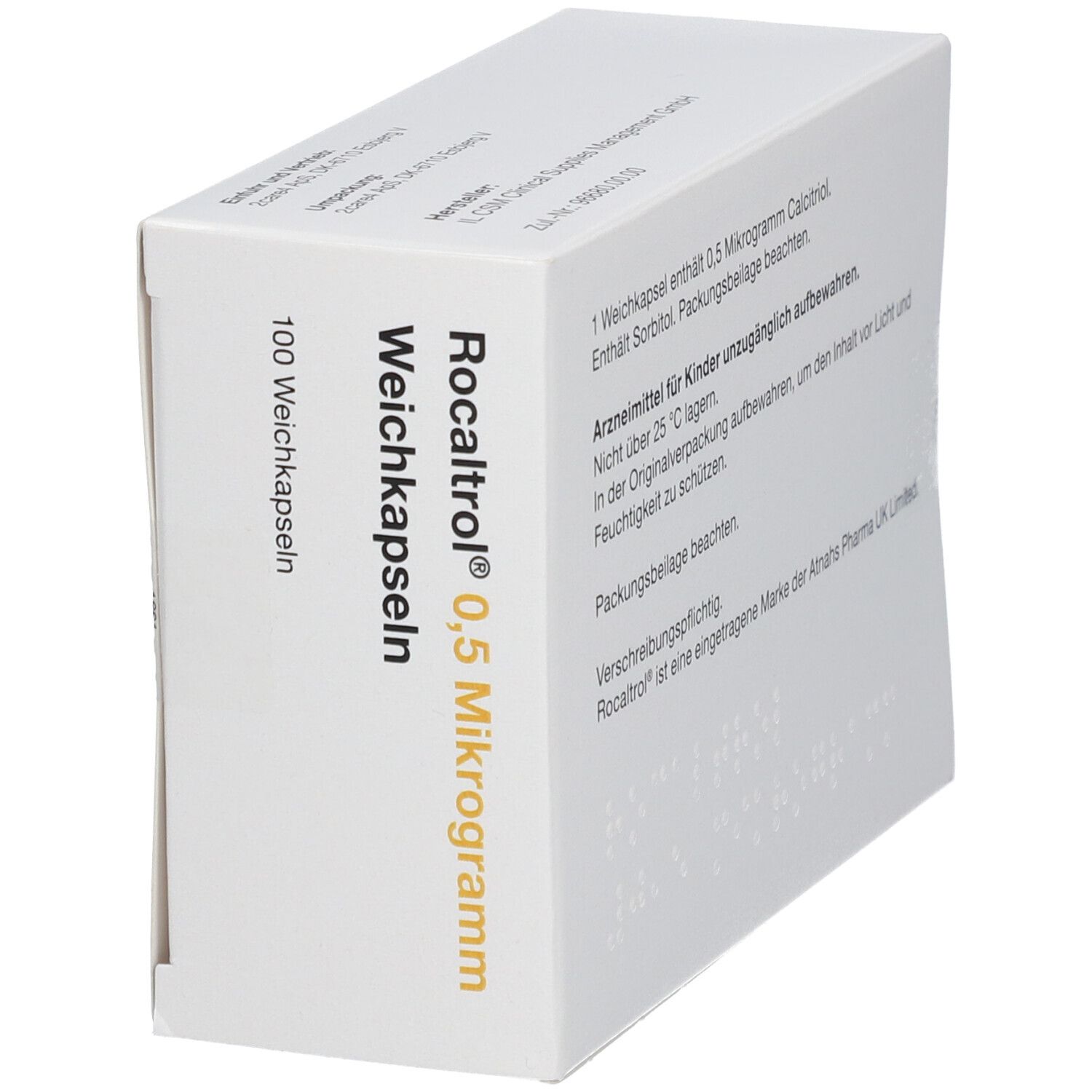 Weiße Schachtel mit ROCALTROL 0,5 Mikrogramm Weichkapseln. Enthält 100 Kapseln. Aufschrift: Zum Einnehmen. Ansicht schräg.
