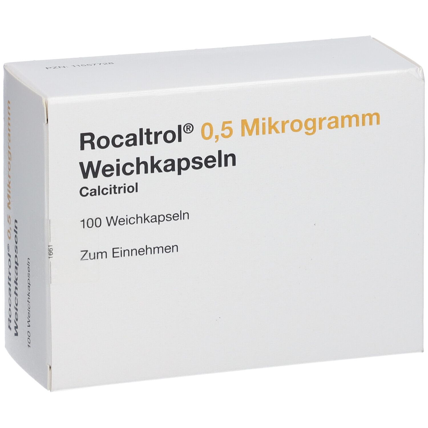 Weiße Schachtel mit ROCALTROL 0,5 Mikrogramm Weichkapseln. Enthält 100 Kapseln. Aufschrift: Zum Einnehmen. Ansicht schräg.