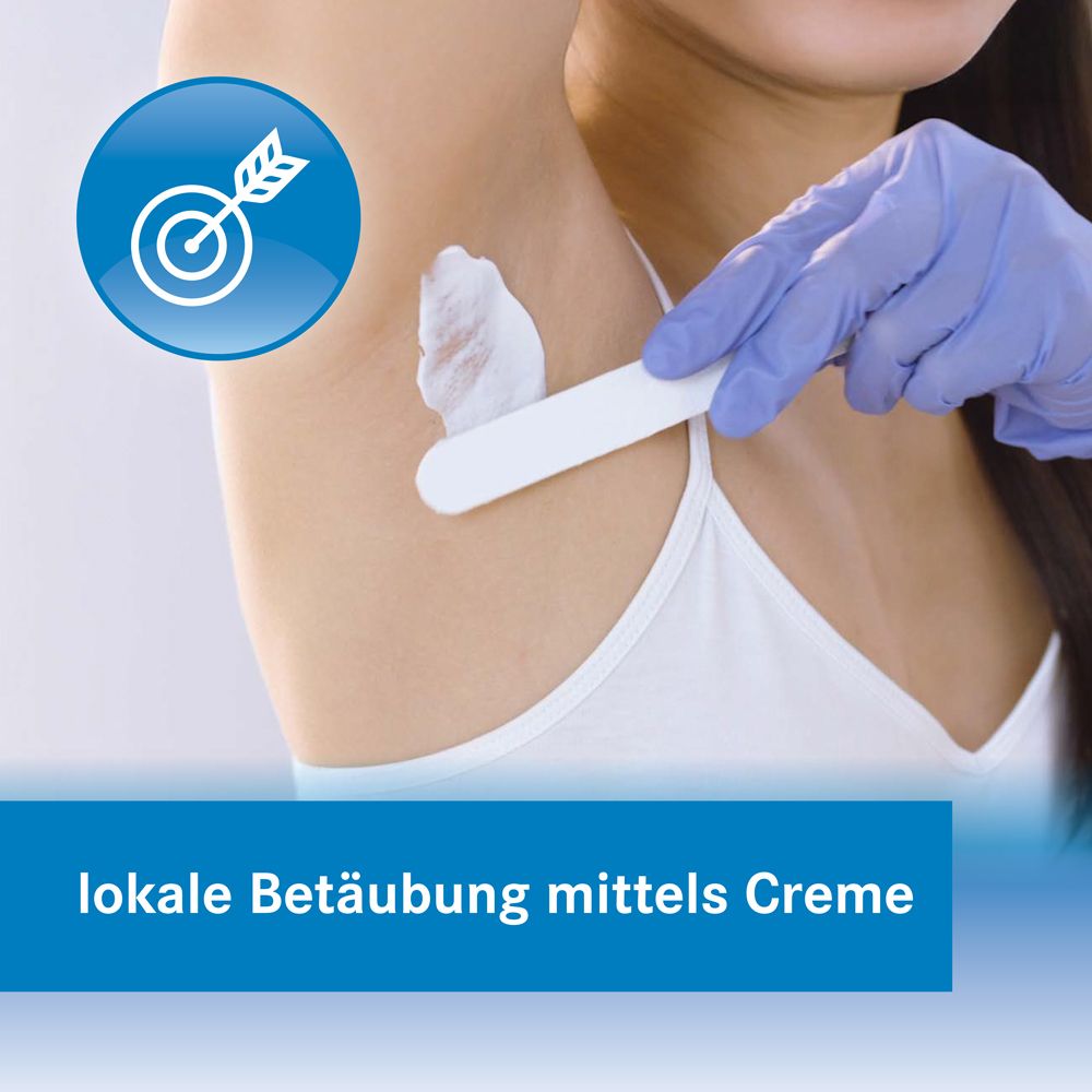 Person trägt Creme auf. Text: lokale Betäubung mittels Creme. Heumann Logo.