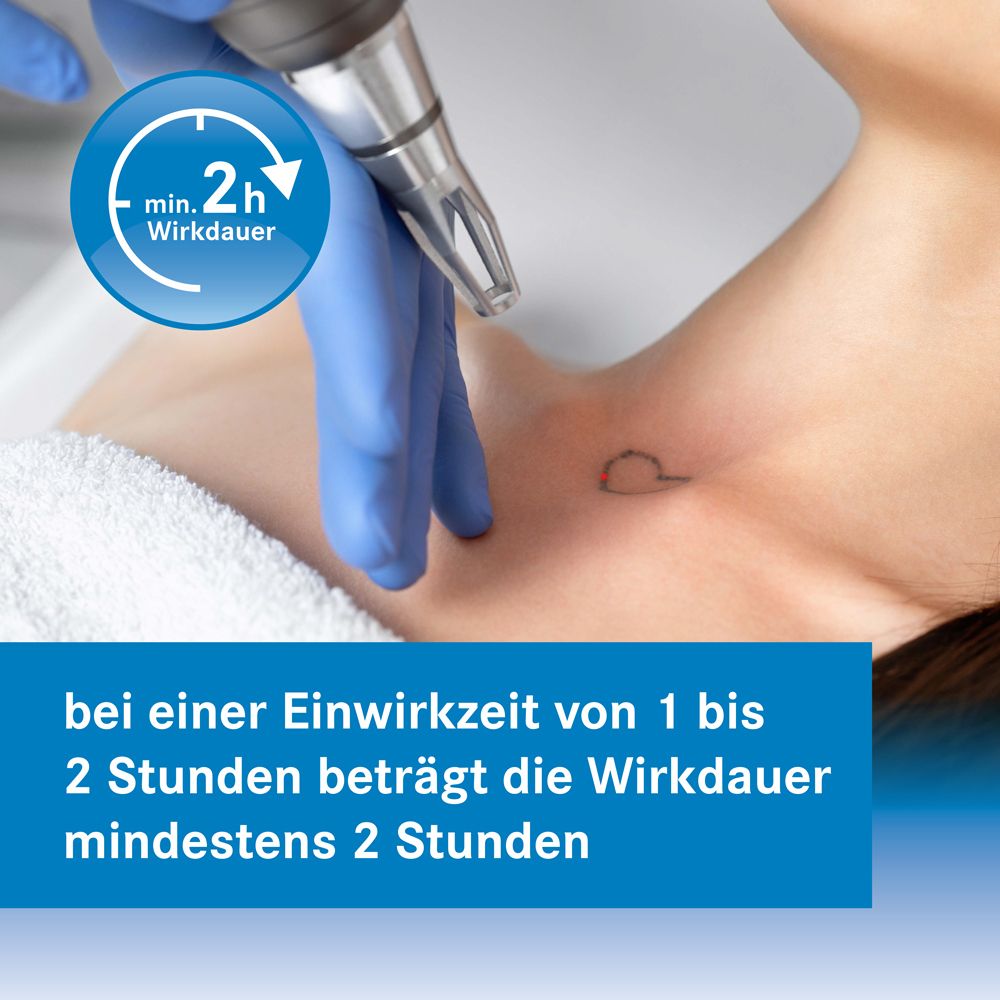 Person mit Tattoo. Text: Wirkdauer mindestens 2 Stunden. Heumann Logo.