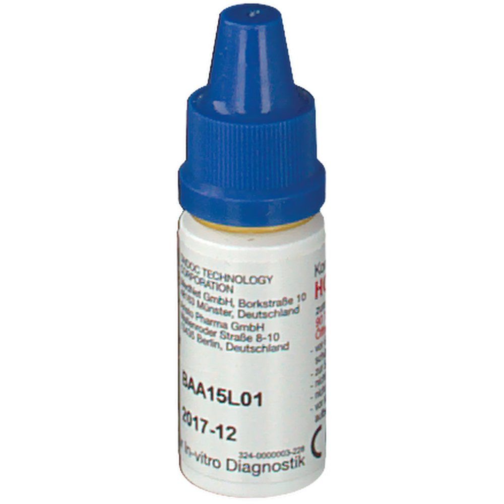 Kontrolllösung HOCH Flasche mit blauem Verschluss. Aufschrift: Nur für Gluco-test DUO TD-4285. Losnummer und Verfallsdatum.