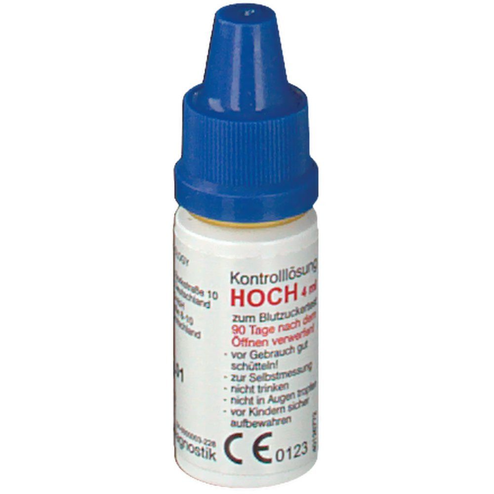 Kontrolllösung HOCH 4 ml Flasche mit blauem Verschluss. CE-Kennzeichnung. Aufschrift: zur Selbstmessung.