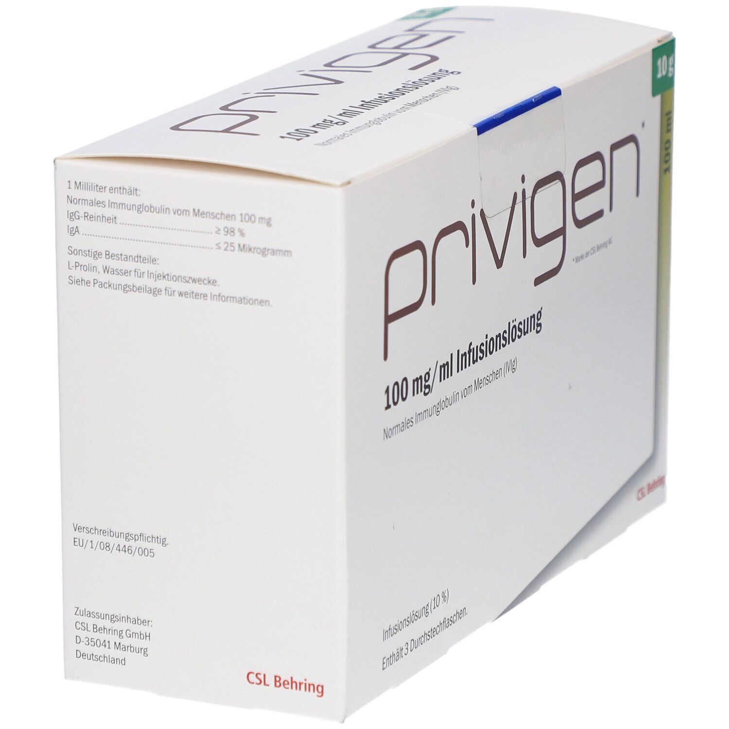 Weiße Verpackung mit "privigen"-Aufdruck. Text: 100 mg/ml Infusionslösung. Enthält 3 Durchstechflaschen. CSL Behring Logo.