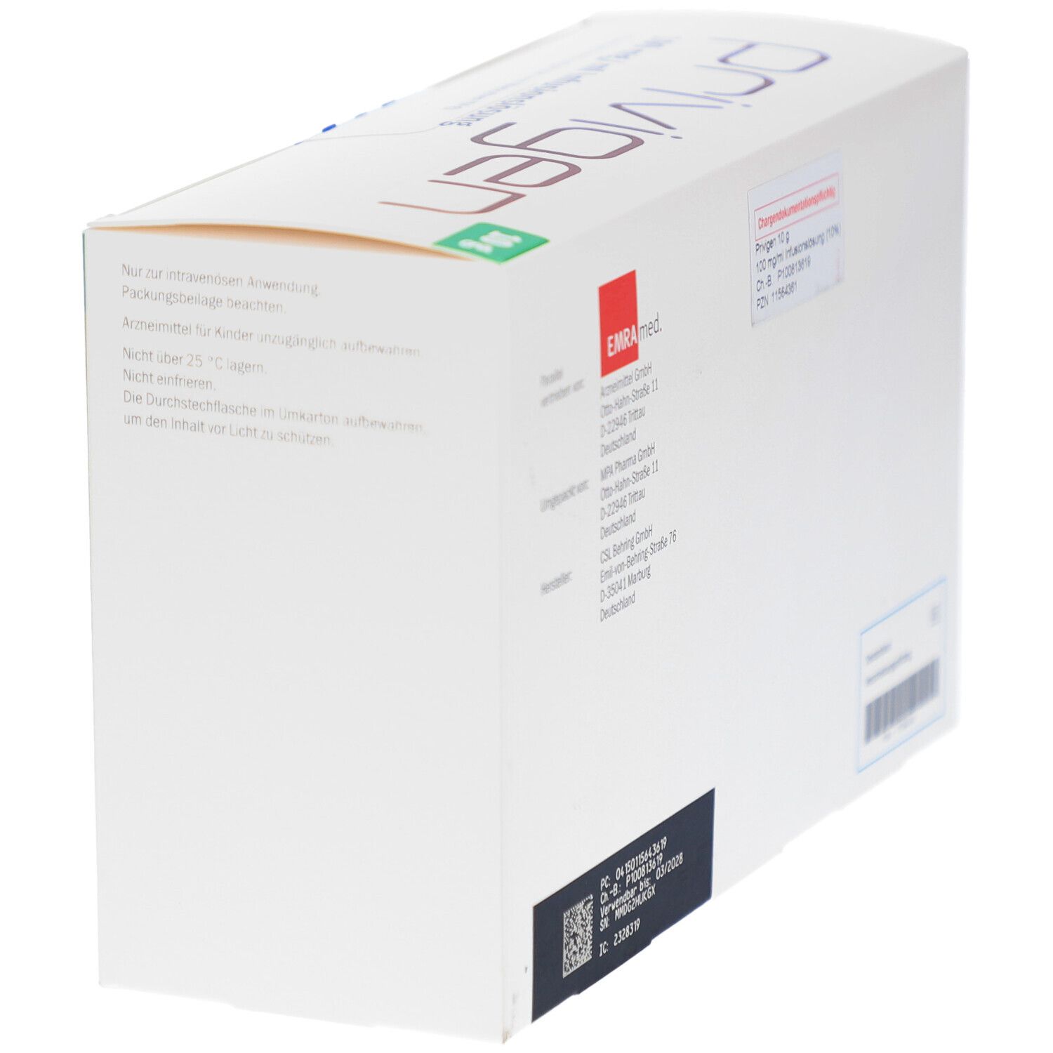Weiße "privigen"-Verpackung. Enthält Informationen und Barcode. Hersteller: CSL Behring.
