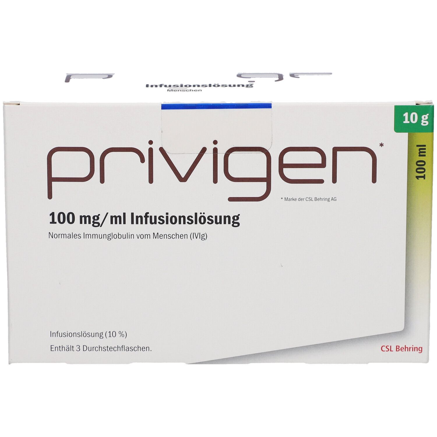 Weiße Verpackung mit "privigen"-Aufdruck. Text: 100 mg/ml Infusionslösung. Enthält 10 g. CSL Behring Logo.