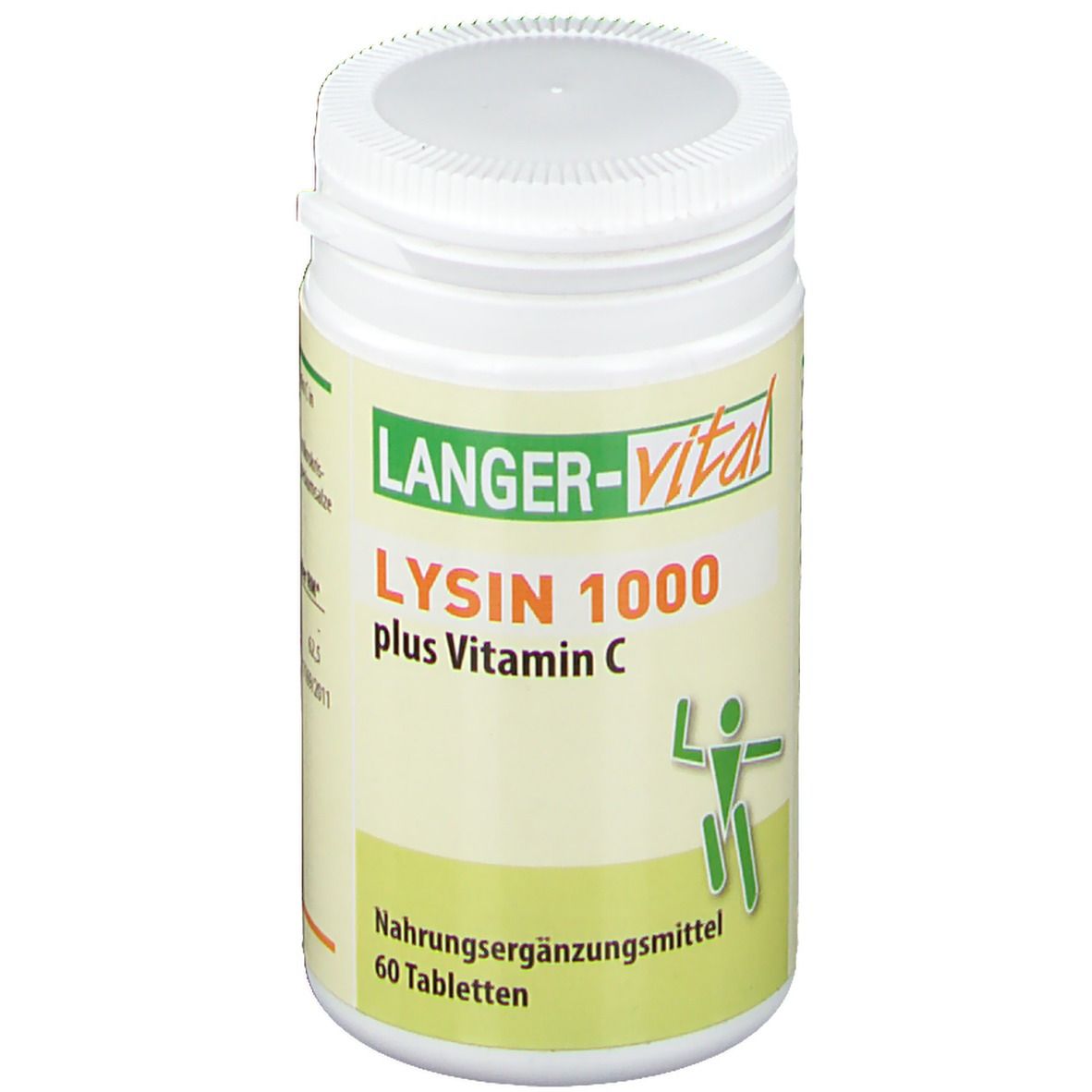 Weiße Dose mit grünem Etikett. Aufschrift: LYSIN 1000 plus Vitamin C. Nahrungsergänzungsmittel. 60 Tabletten.