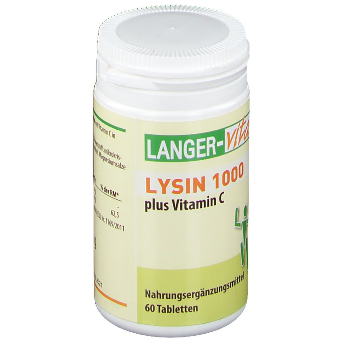Weiße Dose mit grünem Etikett. Aufschrift: LYSIN 1000 plus Vitamin C. Nahrungsergänzungsmittel. 60 Tabletten.