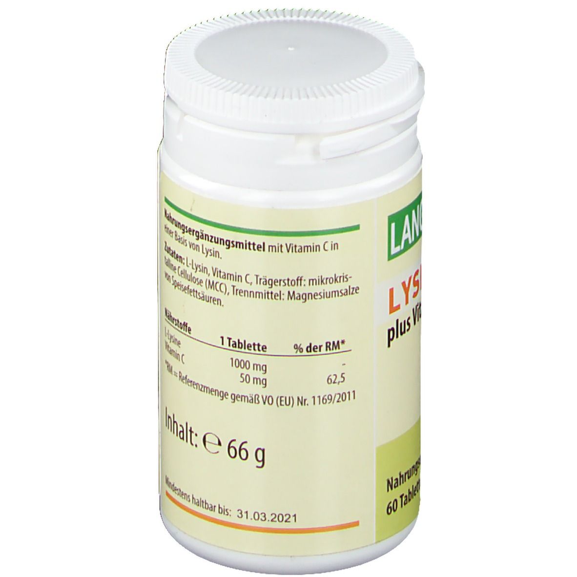Weiße Dose mit grünem Etikett. Aufschrift: LYSIN 1000 plus Vitamin C. Zutatenliste und Nährwertangaben.