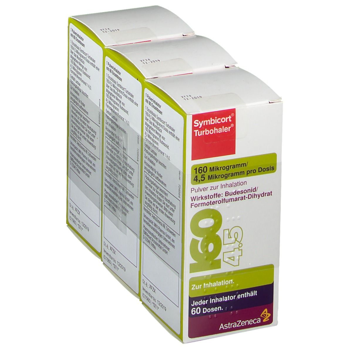Drei Schachteln Symbicort Turbohaler. Aufdruck: 160 Mikrogramm/4,5 Mikrogramm pro Dosis, 60 ED. Hersteller AstraZeneca.