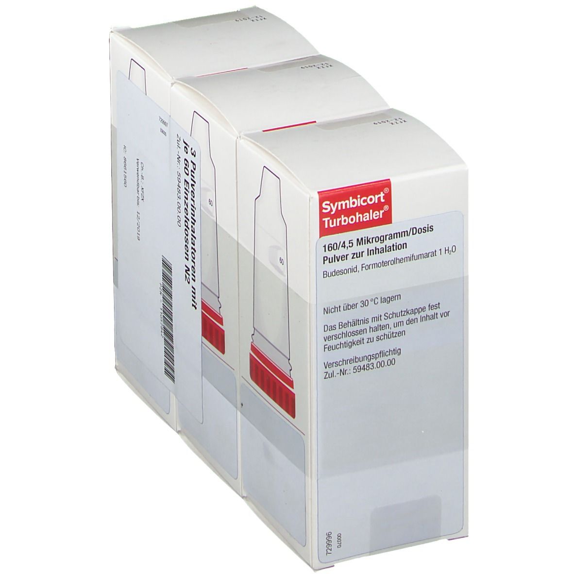 Drei Schachteln Symbicort Turbohaler. Aufdruck: 3 Pulverinhalatoren mit 60 Einzeldosen N2. Text und Abbildung des Inhalators.