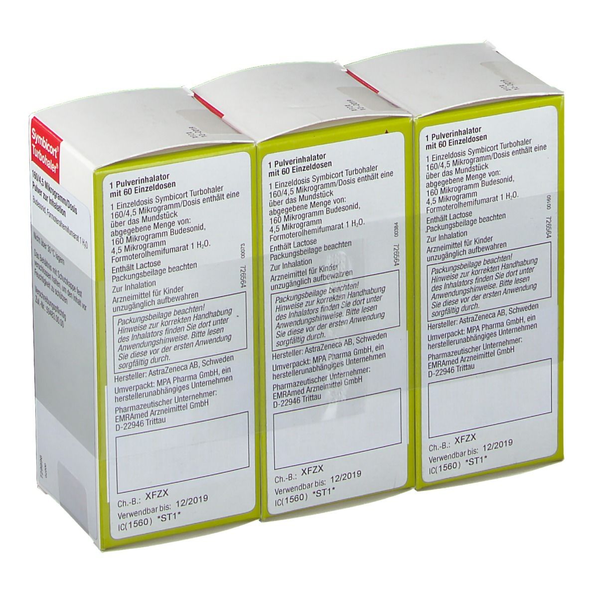 Drei Schachteln Symbicort Turbohaler. Aufdruck: 1 Pulverinhalator mit 60 Einzeldosen. Text und Informationen zum Produkt.