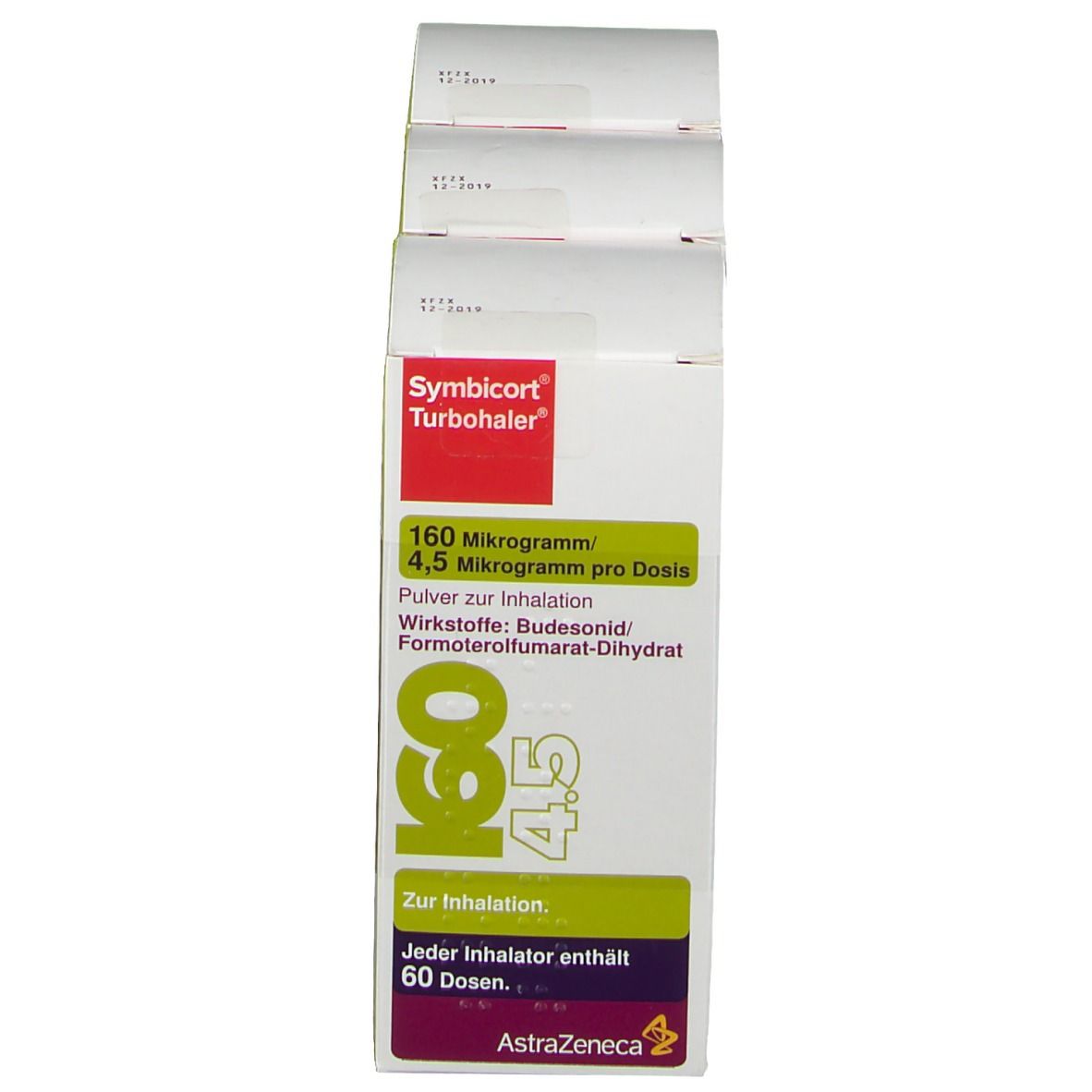 Eine Schachtel Symbicort Turbohaler. Aufdruck: 160 Mikrogramm/4,5 Mikrogramm pro Dosis, 60 ED. Hersteller AstraZeneca.