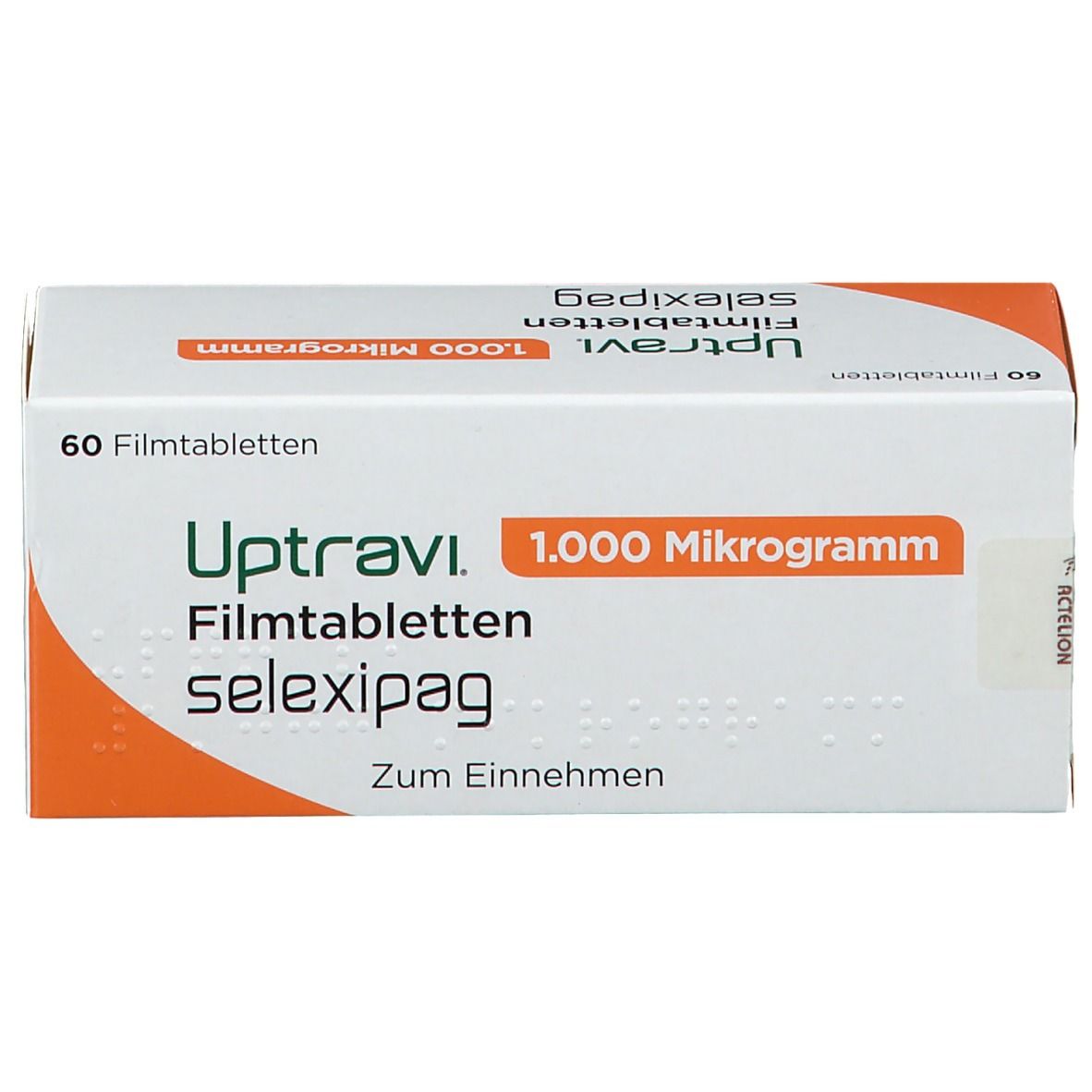 Weiße Schachtel mit UPTRAVI 1.000 Mikrogramm Filmtabletten. Orangefarbene Akzente. 60 Filmtabletten. Schrift in Deutsch.