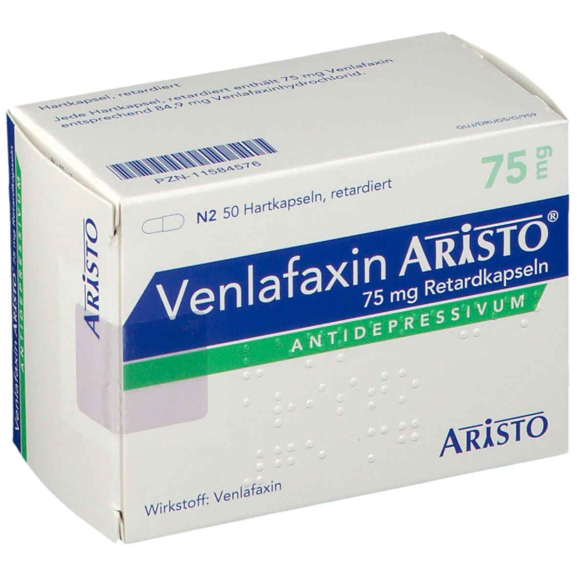 Schachtel Venlafaxin Aristo 75 mg. Weiß, blau, grün. Text: 75 mg Retardkapseln, Antidepressivum. Aristo Logo.