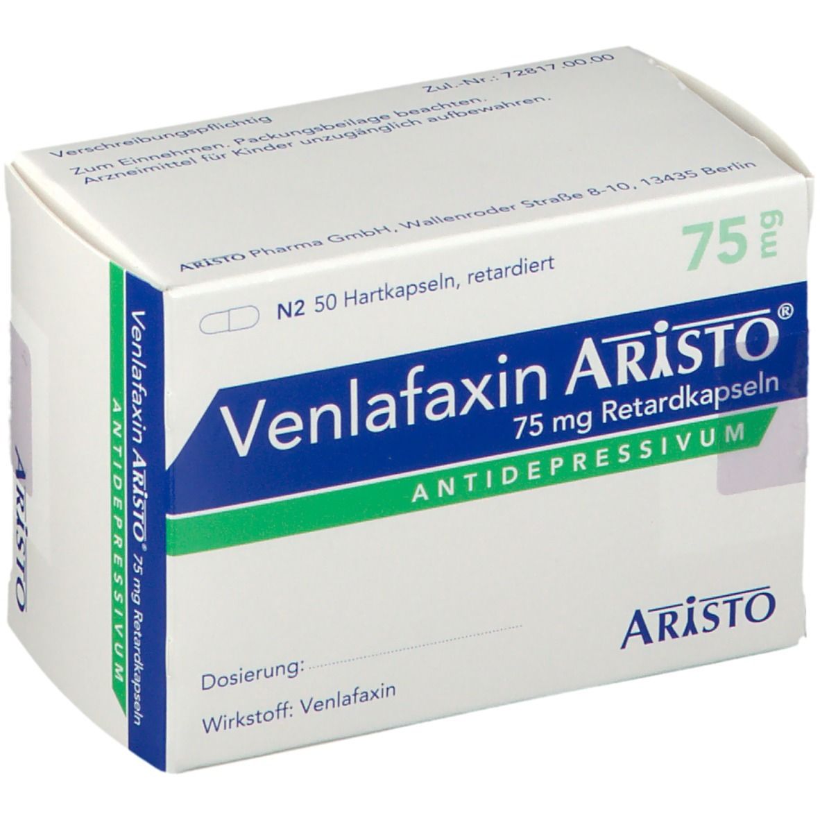 Schachtel Venlafaxin Aristo 75 mg. Weiß, blau, grün. Text: 75 mg Retardkapseln, Antidepressivum. Aristo Logo.