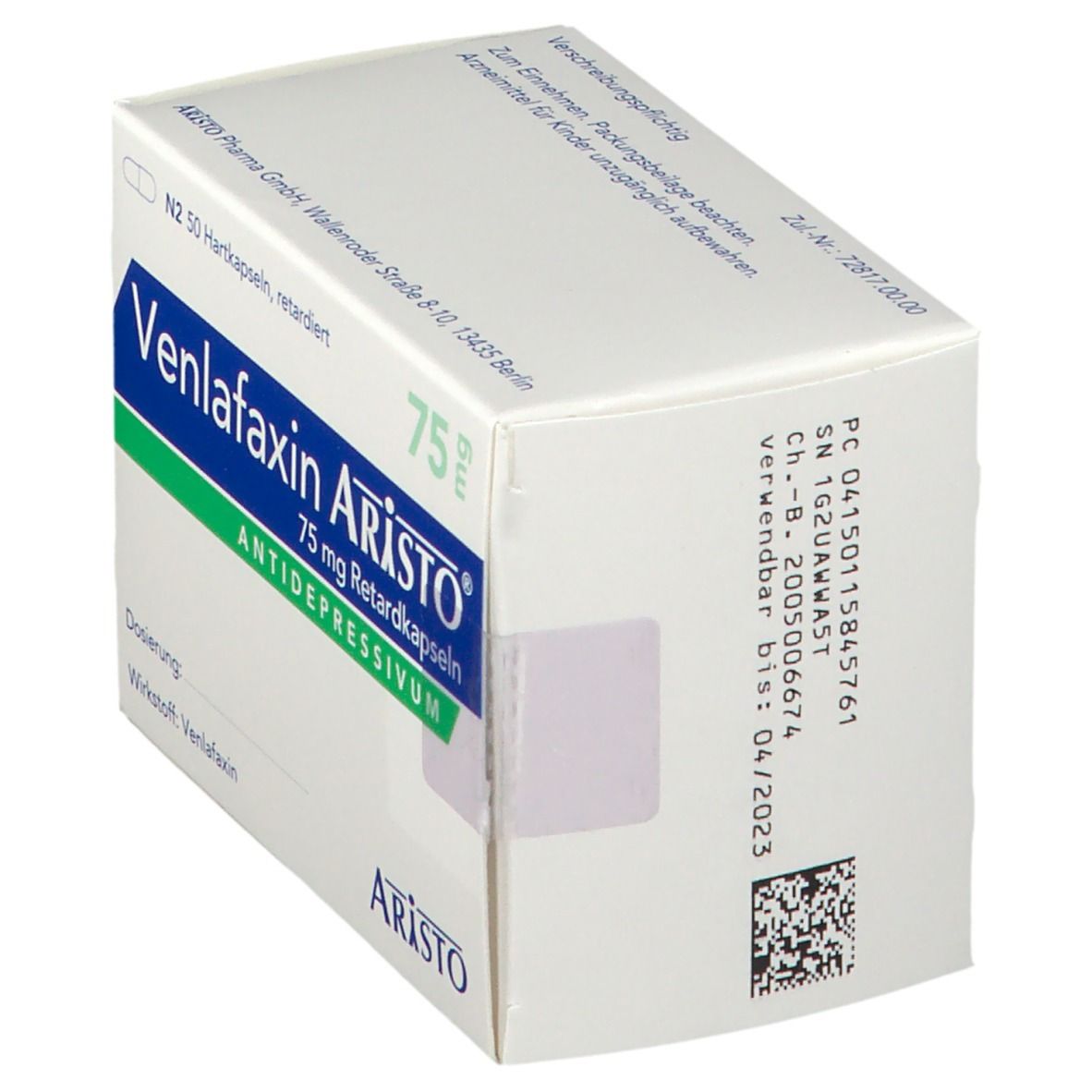 Schachtel Venlafaxin Aristo 75 mg. Weiß, blau, grün. Text: 75 mg Retardkapseln, Antidepressivum. Aristo Logo.